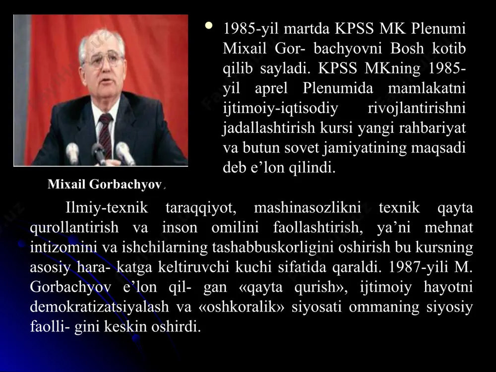 ур ислоҳ қилиш” йўлини эълон қилди. лекин амалда бу сиёсат ислоҳотларни амалга оширишнинг аниқ концепцияси бўлмасдан, балки чуқур инқирозга йўл тутган совет мустабид тузумини сақлаб қолишга, марказнинг миллий республикалар устидан назоратини кучайтиришга йўналтирилган эди. “қайта қуриш” ва унинг чекланганлиги шунда намоён бўлдики, демократия, ошкоралик дея бонг урилган бўлсада, 1985-1990 йиллар оралиғида республика ҳаётида катта сиёсий, ижтимоий ўзгаришлар содир бўлди. 80-йилларнинг ўрталарига келиб сссрнинг парчаланиши реал объектив ҳақиқатга айланиб қолди. халқ миллий онгини ўсиши, жамиятнинг ижтимоий қонуниятлари ва талаби ўзбек тили масаласини кўриб чиқишни кун тартибига қўйилишига туртки бўлди. шу тарзда ҳукумат ва мамлакатимиз илмий жамоатчилиги саъйи ҳаракатлари билан 1989 йил 21 октябрда халқимиз маънавий ҳаётида муҳим воқеа содир бўлди, ўзбек тилига “давлат тили” мақоми берилди. тарихий адабиётларда қайд тилишича 1989 йилгача республикамизда мазкур ишлар бўйича 4,5 мингдан кўпроқ киши судланади. айбсиз одамларни, уларнинг оила аъзоларини қамоққа олиш, жисмоний ва руҳий қийноққа солиш авж олди. ҳисобга олинганлар тергов усулларига дош беролмай …