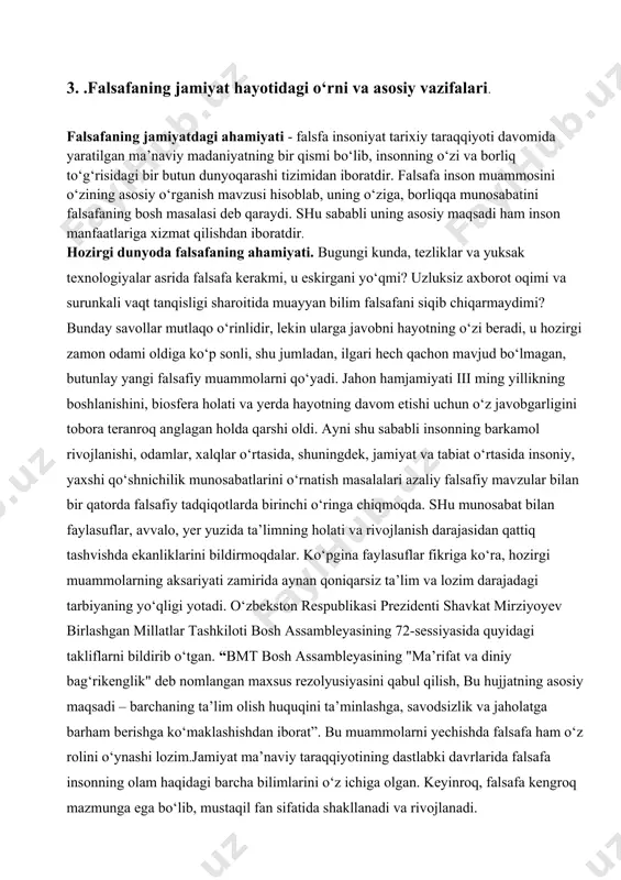a chiqmoqda. shu munosabat bilan faylasuflar, avvalo, yer yuzida ta’limning holati va rivojlanish darajasidan qattiq tashvishda ekanliklarini bildirmoqdalar. ko‘pgina faylasuflar fikriga ko‘ra, hozirgi muammolarning aksariyati zamirida aynan qoniqarsiz ta’lim va lozim darajadagi tarbiyaning yo‘qligi yotadi. o‘zbekston respublikasi prezidenti shavkat mirziyoyev birlashgan millatlar tashkiloti bosh assambleyasining 72-sessiyasida quyidagi takliflarni bildirib o‘tgan. “bmt bosh assambleyasining "ma’rifat va diniy bag‘rikenglik" deb nomlangan maxsus rezolyusiyasini qabul qilish, bu hujjatning asosiy maqsadi – barchaning ta’lim olish huquqini ta’minlashga, savodsizlik va jaholatga barham berishga ko‘maklashishdan iborat”. bu muammolarni yechishda falsafa ham o‘z rolini o‘ynashi lozim.jamiyat ma’naviy taraqqiyotining dastlabki davrlarida falsafa insonning olam haqidagi barcha bilimlarini o‘z ichiga olgan. keyinroq, falsafa kengroq mazmunga ega bo‘lib, mustaqil fan sifatida shakllanadi va rivojlanadi. 2. qadimgi sharqda asotiriy tasvvurlar va falsafiy bilimlarning paydo bo’lishi. reja: 1. osiyo qit’asida paydo bo’lgan falsafiy oqimlar 2. . fors falsafasi zardusht taʼlimotidan taʼsirlangan. 3. xan davrining atoqli mutafakkirlari: faylasuf va davlat arbobi sharq falsafasi …