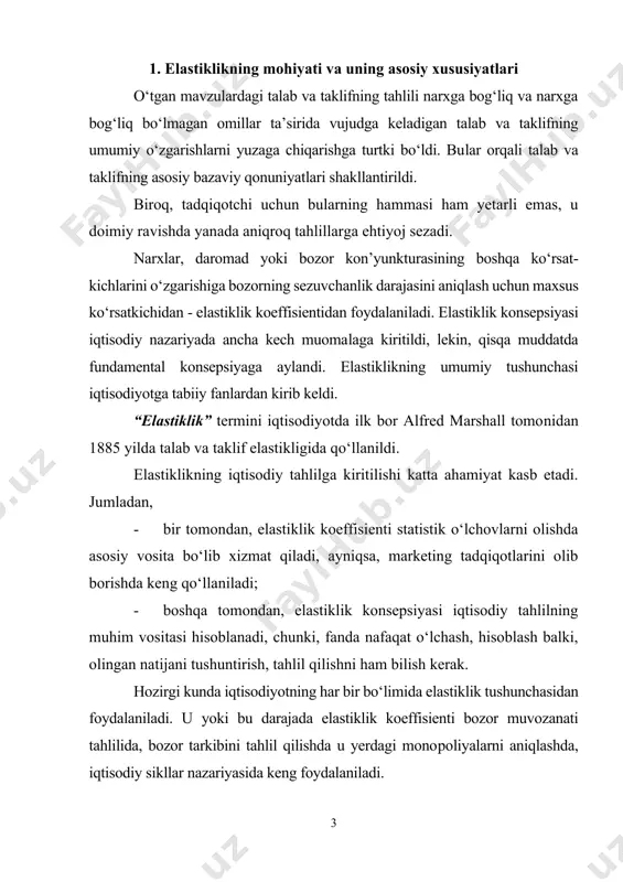ir foizga o‘zgarishi natijasida son jihatidan o‘zgarishi darajasini bildiradi. (masalan, narx, daromad yoki harajatlarning bir foizga o‘zgarishi natijasida talab va taklif hajmining o‘zgarib ketishi). bir o‘zgaruvchining boshqa bir o‘zgaruvchi ta’siri ostida o‘zgarishini o‘lchaydigan o‘lchov; aniqroq qilib aytganda, biror a o‘zgaruvchining bir foizga o‘zgarishi natijasida boshqa bir b o‘zgaruvchining ma’lum foiz miqdorga o‘zgarishini ko‘rsatadigan sondir. ; a o‘zgaruvchining foizdagi o‘zgarishi b o‘zgaruvchining foizdagi o‘zgarishi ko‘rib o‘tilayotgan omillar o‘rtasidagi bog‘liqlik to‘g‘ridan-to‘g‘ri yoki qarama-qarshi bo‘lishi mumkin. to‘g‘ridan-to‘g‘ri bog‘liqlik – (ijobiy koeffisient) bunda bir omilni o‘sib borishi boshqa bir omilni oshib borishiga turtki bo‘ladi. masalan, iste’molchining daromad lari oshib borsa, talab elastikligi ham ortib boradi. qarama-qarshi bog‘liqlik – (salbiy koeffisient) bunda bir omilning ortib borishi boshqa bir omilni yo‘q bo‘lib ketishiga olib keladi. masalan, daromad bo‘yicha talab elastikligining ortib borishi natijasida birmuncha pastroq darajadagi tovarlarning yo‘q bo‘lib ketishiga olib keladi. barcha tovarlar uchun, giffen tovarlaridan tashqari, narx bo‘yicha talab elastikligi salbiy, chunki, narxnig o‘sishi …