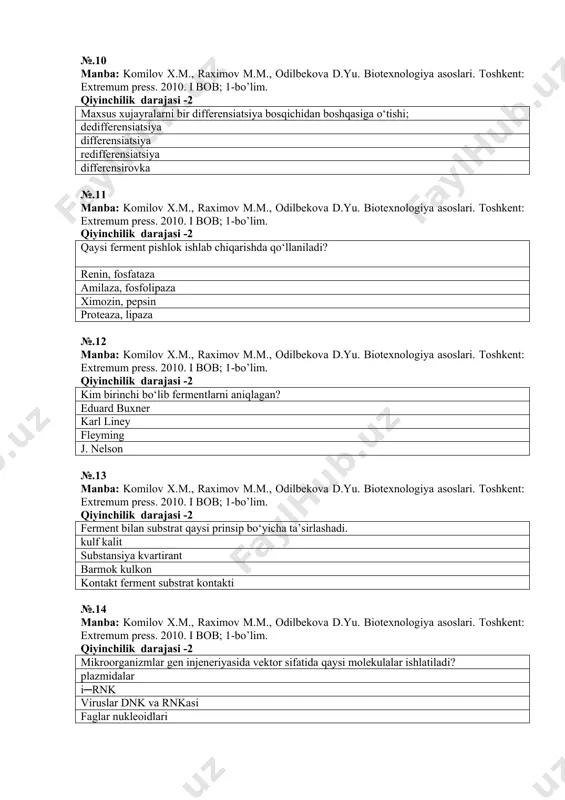 oslari. toshkent: extremum press. 2010. i bob; 1-bo’lim. qiyinchilik darajasi -2 ferment bilan substrat qaysi prinsip bo‘yicha ta’sirlashadi. kulf kalit substansiya kvartirant barmok kulkon kontakt ferment substrat kontakti №.14 manba: komilov x.m., raximov m.m., odilbekova d.yu. biotexnologiya asoslari. toshkent: extremum press. 2010. i bob; 1-bo’lim. qiyinchilik darajasi -2 mikroorganizmlar gen injeneriyasida vektor sifatida qaysi molekulalar ishlatiladi? plazmidalar i─rnk viruslar dnk va rnkasi faglar nukleoidlari №.15 manba: komilov x.m., raximov m.m., odilbekova d.yu. biotexnologiya asoslari. toshkent: extremum press. 2010. i bob; 1-bo’lim. qiyinchilik darajasi -2 nuklein kislotalarni qanday turlari mikroorganizmlar gen injeneriyasida ishlatiladi? plazmida dnk-si yadro dnk-si transport rnk informatsion rnk №.16 manba: komilov x.m., raximov m.m., odilbekova d.yu. biotexnologiya asoslari. toshkent: extremum press. 2010. i bob; 1-bo’lim. qiyinchilik darajasi -3 mikroorganizmlarga gen injeneriya usullari bilan yangi genlar kiritishda quyidagi qaysi jarayonlar bilan foydalanish mumkin: a) kodlovchi dnk-ni kimyoviy sintez yuli bilan olish; b) yadro dnk sini (genomni) parchalash: v) boshqa …