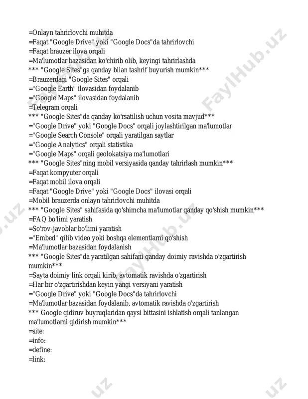 day doimiy ravishda o'zgartirish mumkin*** =sayta doimiy link orqali kirib, avtomatik ravishda o'zgartirish =har bir o'zgartirishdan keyin yangi versiyani yaratish ="google drive" yoki "google docs"da tahrirlovchi =ma'lumotlar bazasidan foydalanib, avtomatik ravishda o'zgartirish *** google qidiruv buyruqlaridan qaysi bittasini ishlatish orqali tanlangan ma'lumotlarni qidirish mumkin*** =site: =info: =define: =link: *** qanday buyruq orqali belgilangan so'zdan biror bir xabarni qidirish mumkin*** =intext: =inpage: =within: =paragraph: *** belgilangan veb-saytdan linklar to'plab olish uchun qaysi buyruqni ishlatish kerak*** =gather: =collect: =link: =acquire: *** "google"da qanday so'zdan foydalanib boshqa so'zlarni aniqlash mumkin*** =related: =linked: =synonym: =connect: *** google qidiruv natijalarini qaysi boshqaruv vositasida ko'rish mumkin*** =google search console =google drive =google analytics =google maps *** google qidiruvda chet tillarda izohlar qo'shish uchun qaysi buyruqdan foydalanish mumkin*** =comment: =explain: =translate: =annotate: *** google qidiruvda qanday buyruq orqali maqola va fayllarni biron-bir veb-saytdan qidirish mumkin*** =filetype: =find: =locate: =identify: *** qidiruvda qanday buyruq orqali ma'lumotlar qatorlari ichidan …