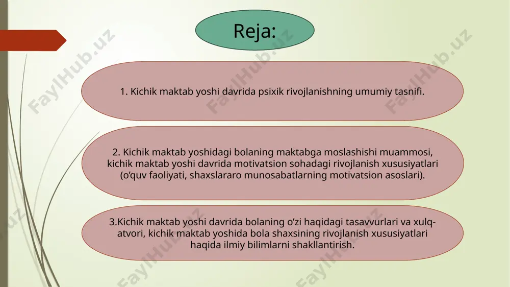 h bilan boshqa kishilarning tajribalarini ham analiz qilishga intiladilar. 7-8 yoshdagi bolalar to’g’ridanto’g’ri kattalarni, jumladan, o’qituvchining ko’rsatmalarini kutib o’tirmay, ijobiy axloqiy ishlarning qanchasini o’z tashabbuslari bilan amalga oshiradilar. kichik maktab yoshidagi bolalarda namayon bo’ladigan xarakter xususiyatlarini, xatti-harakatlarni tahlil qilar ekanmiz, hamma vaqt ham munosabatlar amalga oshiriladigan barqaror va mustahkam xatti-harakat formalari deb bo’lavermaydi. kichik maktab yoshidagi bolalarda xarakter jiddiygina tarkib topa boshlaydi. kichik maktab yoshidagi bolalar xarakteri, xatti-harakatlari o’zining beqarorligi va qarama-qarshiligi bilan farq qilishi mumkin. maktab ta’limining dastlabki yillarida qiziqishlar, xususan, bilishga bo’lgan qiziqish, tevarak-atrofdagi olamni bilishga bo’lgan qiziqish ko’proq bilimga bo’lgan tashnalik va intellektual qiziquvchanlik juda sezilarli ravishda rivojlanadi. kuzatuvlarga qaraganda, dastavval ayrim faktlarga, boshqa narsalardan ajratib olingan yolg’iz hodisalarga nisbatan qiziqishlar bo’ladi. undan keyin esa sabablarini, qonuniyatlarini, hodisalar o’rtasidagi aloqa va o’zaro bog’liqliklarni bilib olish uchun bo’lgan qiziqishlar rivojlanadi. kichik maktab yoshidagi o‘quvchilarda asosan farq qila olish, ko‘rish va eshitish sezgilari ayniqsa tez o‘sadi. 7—10 yoshli bolalarda …