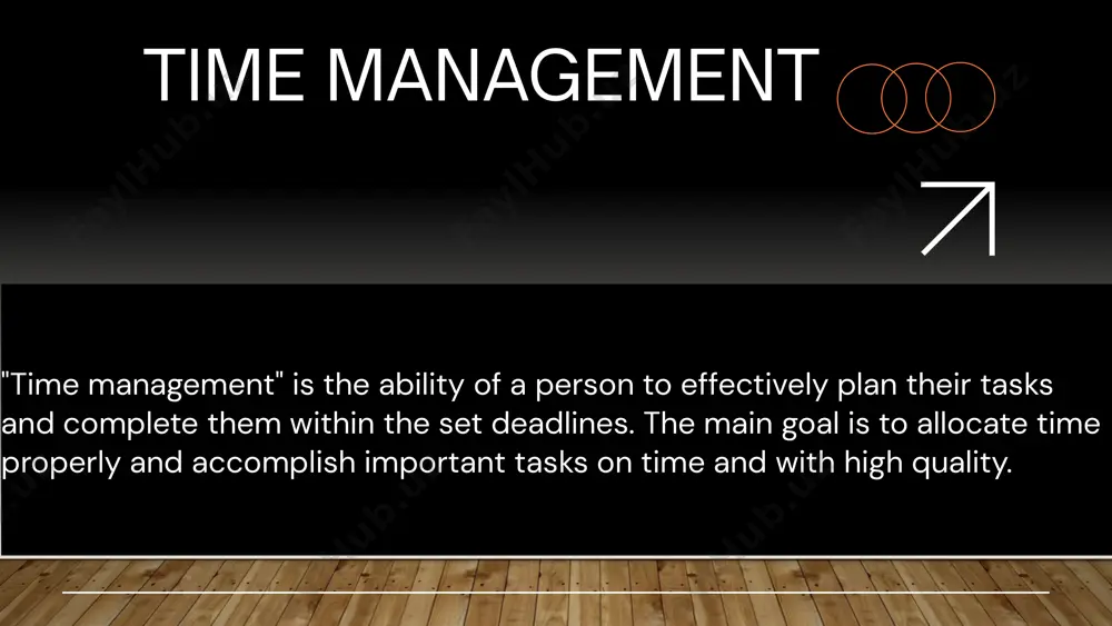 ule: if a task can be done in 2 minutes, do it immediately. reward and consequences: reward yourself for completing tasks, and set consequences for not finishing them. evaluation and adjustment assess how well you followed your time plan. review performance find areas that need adjustment. identify areas for improvement modify your time management plans and techniques based on the evaluation. adjust plans explore new techniques and continuously improve your time management skills. keep learning conclusion effective time management is crucial for boosting productivity and achieving a balance between work and personal life. by identifying priorities, planning effectively, and managing distractions, you can reach your goals more efficiently. call to action apply techniques: implement the discussed techniques. set priorities: identify and focus on your main priorities. evaluate regularly: review and adjust your time management practices periodically. image2.png image3.svg image4.jpeg image5.png image6.svg image7.jpeg image8.png image9.svg image10.png image11.svg image12.png image13.svg image14.jpeg image15.jpeg …