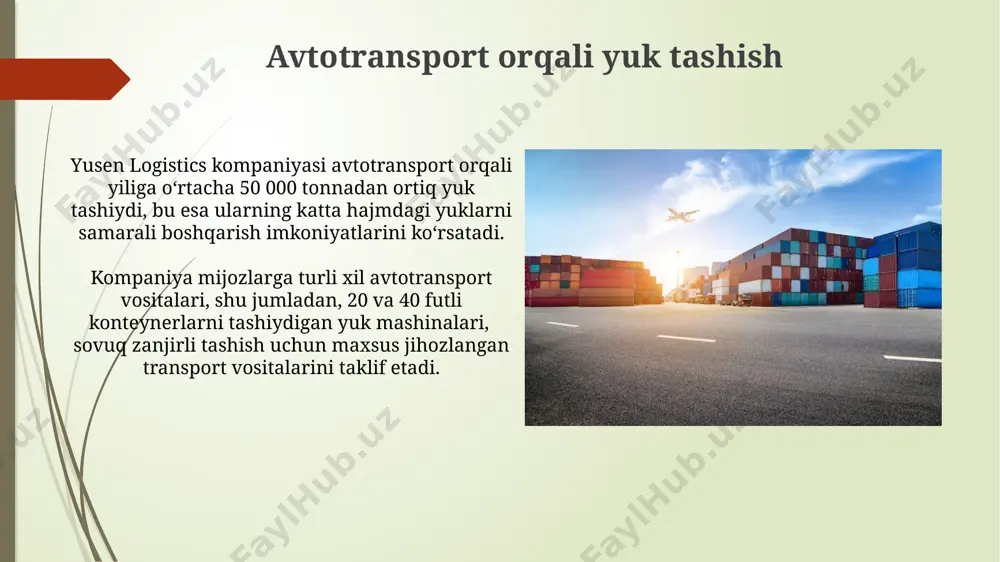 aviy texnologiyalardan, masalan, wms (warehouse management system) dan foydalanadi. omborxona maydonlarining keng tanlovi, shu jumladan, 10 000 kvadrat metrdan ortiq maydonlar mavjud bo'lib, turli xil hajmdagi yuklarni saqlash va qayta ishlash ehtiyojlarini qondiradi. xalqaro yuk tashish xizmatlari kompaniya global miqyosda 300 dan ziyod logistika markazlariga ega bo'lib, tovarlarni samarali yetkazib berish uchun ilg'or texnologiyalar va it-yechimlaridan foydalanadi. yusen logisticsning xalqaro yuk tashish xizmatlari turli xil transport turlarini, shu jumladan, dengiz, havo, temir yo'l va avtomobil transportini o'z ichiga olib, har bir mijoz uchun individual yechimlarni taklif etadi. kontrakt logistikasi kompaniya "kontrakt logistikasi" doirasida yuk tashishning turli usullarini, jumladan, dengiz, havo va avtomobil transporti orqali yetkazib berishni taklif etadi, bu esa mijozlarga moslashuvchanlikni ta'minlaydi. yusen logistics "kontrakt logistikasi" bo'yicha o'rtacha 98% yetkazib berish muddatlarini bajarish ko'rsatkichiga ega, bu esa yuqori ishonchlilikni ta'minlaydi. dengiz orqali yuk tashish yusen logistics kompaniyasi dengiz orqali yiliga 10 milliondan ortiq standart konteynerlarni (teu) tashiydi, bu esa …