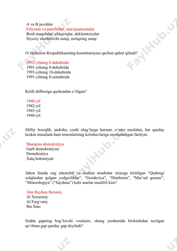 tgan? rus tilidan ingliz tilidan fransuz tilidan nemis tilidan vositasiz to‘ldiruvchi qanday so‘roqlarga javob bo‘ladi? kimni, nimani, qayerni kimga, kimni, qayerga nimaga, qayerga, qayerda nimada, qayerdan, qayerda u xatni o’qiy olmadi, chunki ko’zoynagini unutibdi. ushbu gap turini aniqlang. sabab ergash gapli qo’shma gap kesim ergash gapli qo’shma gap aniqlovchi ergash gapli qo’shma gap to’ldiruvchi ergash gapli qo’shma gap o‘zbek mumtoz адабиётиi vakillari nomlari qaysi qatorda to‘g‘ri berilgan? lutfiy, navoiy, navoiy, m.yusuf jomiy, a.obidjon mirmuhsin, bobur qаysi qаtоrdаgi gаpdа tinish bеlgilаrigа оid хаtоgа yo`l qo`yilgаn? gul--tikansiz bo’lmas. kitоb-- bilim mаnbаyi. sаmаrqаnd qаdimiy shаhаrdir. ishni o`z vаqtidа bаjаrish kеrаk. buyruq-istаk mаylidаgi fе’llаrni tоping gаpirsin, o`tiring, jаvоb bеr bаjаrsаm, yоzmаdi, o`qimаdilаr tug`ilgаn,shug`ullаnаmiz,eshitmаdim sоtib оldi, хursаnd bo`ldi po’latning ko’zlarida xuddi go’daklarniki singari sevinch uchqunlari chaqnadi gapdagi ko’makchi so’zni toping. singari xuddi sevinch uchqunlari onaxon ro’molini salgina tuzatib, so’ri tomon asta yurib bordi.jumladagi “asta”so’zi ravishning qaysi turiga kiradi? holat ravishi payt ravishi maqsad ravishi o’rin …
