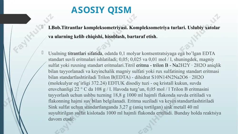 1· 10-12 titrant – nh4ncs yoki kncs; indikator nh4fe(so4)2. usulning titranti: usulda titrant sifatida 0,1 n nh4ncs yoki kncs eritmalari ishlatiladi. titrantni avval taqribiy konsentratsiyada tayyorlanadi va kumush nitrat standart eritmasi bilan folgard usulida standartlanadi. xulosa titrlashda reaktiv ortiqcha miqdorda emas, balki reaksiya tenglamasiga aniq mos keluvchi miqdorda qo’shiladi. reaktivning titrlashga sarflangan aniq konsentratsiyasi va eritmasining hajmi o’lchanib, olingan miqdor eritmaning titriga ko’paytirilsa, reaktivning grammlarda ifodalangan massasi topiladi. bundan reaksiya tenglamasiga asoslanib eritmadagi aniqlanayotgan modda miqdorini, agar eritmaning hajmi ma’lum bo’lsa, uning titrini topish qiyin emas. titrimetrik analiz ekvivalentlar qonuniga asoslangan boiib, bu qonunning matematik ifodasi v,n,= v2n2 formulada o’z aksini topgan. bu yerda: vx — tekshirilayotgan eritma hajmi; v2— reaksiyaga sarf bo’lgan reaktiv hajmi; n\ — tekshirilayotgan eritma tarkibidagi moddaning normal konsentratsiyasi; yv2 — reaksiyaga sarf bo’lgan reaktivning normal kon­sentratsiyasi. /docprops/thumbnail.jpeg