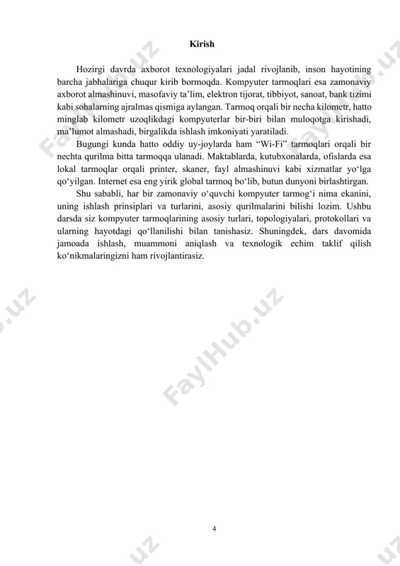kal tamoq(lan),global tarmoq(wan),tarmoq topologiyasi, server, klint(mijoz), router(yo‘naltirgoch). vi. mavzuni yoritish. 1. o‘tilgan mavzular bo‘yicha savol va topshiriqlar: a) o‘quvchilar informatika faniga qo‘shgan olimlar haqida 2 guruhga bo‘linib “klaster” metodidan foydalanib o‘quvhilarni yangi bilimlarini mustahkamlab olamiz.“klaster” metodi puhta o‘ylangan strategiya bo‘lib, undan ta'lim oluvchilar bilan yakka tartibda yoki guruh asosida tashkil etiladigan mashg'ulotlar jarayonida amalga oshiriladi. klaster inglizcha so‘z bo‘lib (kluster) – bir butun holatda ma'lum mavzu bo‘yicha erkin va ochiq fikrlashning notekis shaklini namoyon etadi. klaster metodi bo‘yicha slaydlarda ishlashadi; “klaster” metodi – erkin fikrlashning asosiy omili hisoblanadi. “klaster” metodi o‘quvchilarga biror-bir mavzu to‘g‘risida erkin va ochiq tarzda fikr yuritishga yordam beradigan pedagogik strategiyadir. bu metod ko‘p variantli fikrlashni o‘rganilayotgan tushuncha (hodisa, voqea)lar o‘rtasida aloqa o‘rnatish malakalarini rivojlantiradi. b) o‘quvchilar 2-guruhga bo‘lingan holatini saqlab, o‘tilgan mavzuga ko‘ra tarqatma materiallari variantlari topshirig`ini bajarishadi. lan wan swiitch kompyuter tarmoqlari pan router man 1-topshiriq: tarmoq elementlarini moslashtiring quyidagi jadvalda terminlar va ularning funksiyalari …