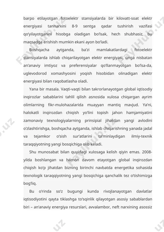 n quyosh energiyasidan foydalanish bo‘yicha amalga oshirilayotgan ishlar va bu jarayonlarning ko‘lami va amaliy yo‘nalishlarini kengaytirishni taqozo etadigan omillarga qisqacha to‘xtalib o‘tishga ijozat bergaysiz. bu, birinchi navbatda, mamlakatimizda barqaror yuqori o‘sish sur’atlari ta’minlanayotgani, shuningdek, amalga oshirilayotgan tarkibiy tub o‘zgarishlar, iqtisodiyotni diversifikatsiya va modernizatsiya qilish, sanoatning jadal rivojlanishi, neft-gaz va boshqa xomashyo resurslarini chuqur qayta ishlash bo‘yicha eng ilg‘or texnologiyalar bilan jihozlangan zamonaviy hamda qudratli gaz-kimyo kompleksini shakllantirish bilan bog‘liq. bu borada jahon moliyaviy-iqtisodiy inqirozining salbiy ta’siriga qaramasdan, o‘zbekistonda so‘nggi olti yil davomida yalpi ichki mahsulotning yillik o‘sish sur’ati 8 foizdan ziyodni tashkil etayotganini ta’kidlash kifoya, deb o‘ylayman. 2000-2013-yillarda bu ko‘rsatkich 3,8 barobar, yalpi mahsulot esa aholi jon boshiga 3,2 barobar o‘sdi. xalqaro moliya institutlarining baholariga ko‘ra, o‘zbekiston iqtisodiyotining bunday yuqori o‘sish sur’atlari yaqin istiqbolda ham saqlanib qoladi. hisob-kitoblar shuni ko‘rsatmoqdaki, sanoatning yuqori darajada jadal rivojlanib borayotganini hisobga olgan holda, mamlakatimizning elektr energiyasiga bo‘lgan talabi 2030-yilda joriy yilga nisbatan 2 barobar …