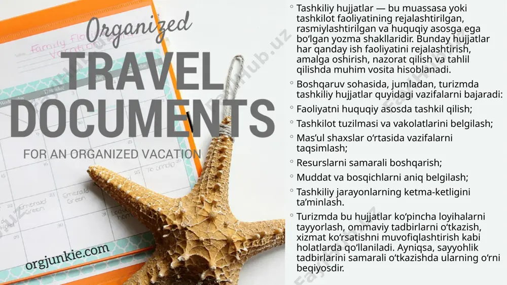 eja va byudjet tuziladi. hamkorlar va homiylar bilan ish olib borish — xizmat ko‘rsatuvchi tashkilotlar bilan shartnomalar imzolanadi. axborot kampaniyasini yuritish — ommaviy axborot vositalari, ijtimoiy tarmoqlar, afishalar va bukletlar orqali tadbir reklama qilinadi. bu uchun press-reliz, taklifnoma, poster va boshqa materiallar tayyorlanadi. tadbirni o‘tkazish — rejalashtirilgan harakatlar amalga oshiriladi, mehmonlar qabul qilinadi, dastur bo‘yicha faoliyat yuritiladi. tahlil va hisobot — ishtirokchilar soni, xarajatlar, ijtimoiy ta’sir va boshqa ko‘rsatkichlar asosida yakuniy hisobot tayyorlanadi. “ipak yo‘li” xalqaro turizm festivali doirasida tashkiliy hujjatlardan foydalanish tahlili o‘zbekiston respublikasi turizm salohiyatini targ‘ib qilish va xalqaro miqyosda tanitish maqsadida o‘tkaziladigan yirik tadbirlardan biri bu — “ipak yo‘li” xalqaro turizm festivalidir. mazkur festival o‘zining ko‘lami, mavzuviy mazmuni va ishtirokchilar soni bilan e’tiborga loyiqdir. unda nafaqat turistik xizmatlar ko‘rsatiladi, balki madaniy meros, xalq hunarmandchiligi, gastronomik an’analar ham keng namoyon qilinadi. festival doirasida tashkiliy jarayonlar qat’iy me’yorlar va rasmiy hujjatlar asosida olib boriladi. ularning tahlili quyidagicha: 1. rasmiylashtirish …