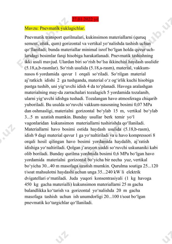 hi mashinalar farqi va bir biriga bog’liqligi nazorat savollari. 1. qanday qurilish materiallarini yuklab-tushiruvchi mashina va uskunalarni bilasiz? 2. gidravlik domkratlar qaysi qonunga asoslanib ishlaydi? 3. temir-beton zavodlarida qanaqangi yuk ko‘tarish va tushirish mashinalaridan foydalaniladi ? 4. awomobil kranlari qaysi maqsadlar uchun qo‘llaniladm? 5. hozirgi zamon minorali kranlarning asosiy qismlari va mexani- zmlarini sanab chiqing, ularning qisqacha konstruktiv tavsifini bering. 6. kranning ish unumdorligini topish formulasini yozib bering. 7. yuk ko‘tarish arqoni qanday tanlanadi? 8. syamolning ta’sir kuchi qanday aniqlanadi? 9. kran ish joyida turg‘un bo‘lishi uchun qanday shart bajarilishi kerak? 10. hozirgi zamon bir cho‘michli yuklagichlarning asosiy qismlari va mexanizmlarini sanab chiqing, ularning qisqacha konstruktiv tavsifini bering. 11. bir cho‘michli yuklagichlarning texnik ish unumdorligi nimalarga bog‘liq? 12. bir cho‘michli yuklagichlarni hisoblash uchun qanday ishlar baj’ariladi? 13. tasmali yuklagichlarni turlari va tuzilishini aytib bering. 14. tasmali yuklagichning ish unumdorligi qanday aniqlanadi? 15. shnekli yuklagichlarning asosiy qisimlari va mexanizmlarini aytib bering? …