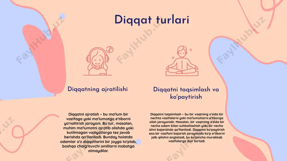 ingdek, diqqatni boshqa narsalarga o'zgartirish qobiliyatini ham o'z ichiga oladi. diqqat va uning fiziologik mexanizmlari miyaning roli diqqat jarayonida miyaning frontal qismida joylashgan qism eng muhim rol o'ynaydi. bu qism e'tiborimizni boshqarish va diqqatni bir nuqtaga qarata olish imkonini yaratadi. diqqatni boshqarish frontal loblar diqqatni boshqarish uchun mas'uldir. ular e'tiborni muayyan manbaga yo'naltirish, ma'lumotni qayta ishlash va diqqatni saqlashda yordam beradi. mexanizmlar tahlili diqqat mexanizmlari nerv tizimining faoliyatiga asoslangan. neurotransmitterlar, ayniqsa, dopamin va noradrenalin, diqqatni oshirishda muhim ahamiyatga ega. diqqat va xotira diqqat xotira jarayonlariga ta'sir qiladi. yaxshi diqqat xotira samaradorligini oshiradi, bu esa o'rganish va eslab qolish jarayonini yaxshilaydi. photo by rahadiansyah on unsplash diqqatni rivojlantirish usullari diqqatni rivojlantirish uchun bir qancha usullar mavjud bo'lib, ular orasida quyidagi asosiy turlarni ajratish mumkin: - **mashqlar:** diqqatni rivojlantirish uchun maxsus mashqlar. masalan, raqamlarni eslab qolish, mantiqiy masalalarni yechish yoki turli xil testlarni bajarish. - **o'yinlar:** diqqatni yaxshilashga yordam beradigan qiziqarli o'yinlar. …