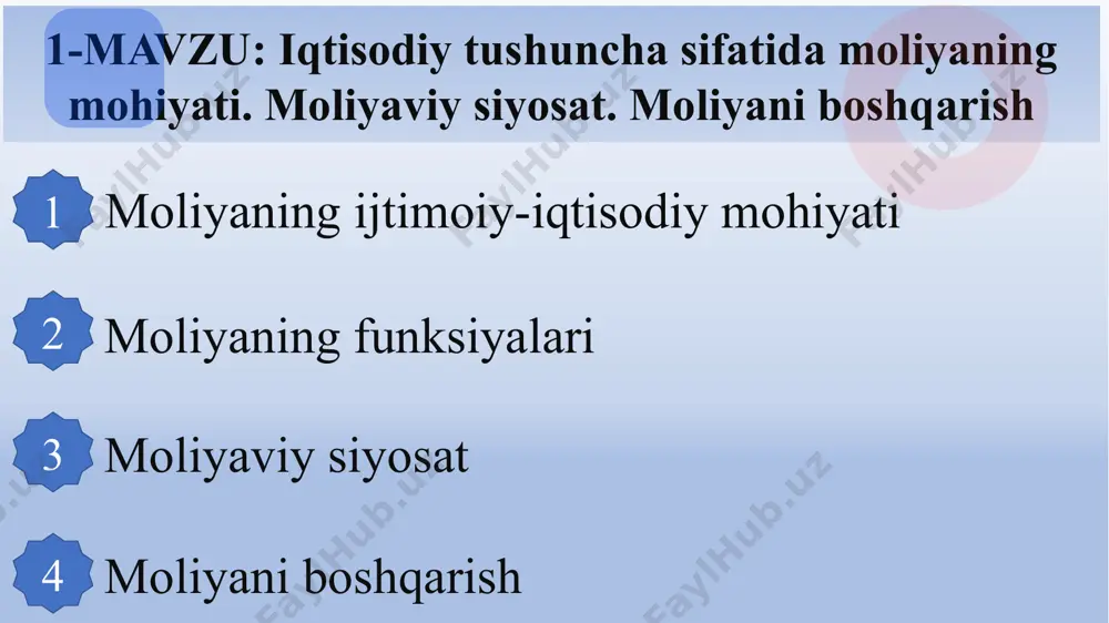 oydalanish tartibi shakllana boshladi. “davlat daromadlari” va “davlat xarajatlari” iboralari paydo bo’ldi, ularning tarkibi aniqlandi, davlat byudjetini shakllantirish va mablag’larini sarflash uchun tegishli qonun hujjatlarining asoslari yaratila boshlandi. 3. pul ko’rinishidagi soliqlar davlat byudjeti daromadlarining asosiy qismini tashkil eta boshladi. natijada yaratilayotgan mahsulotni qiymat shaklida taqsimlash bosqichi boshlandi. kengaytirilgan takror ishlab chiqarish uchun sharoitlarni ta’minlash hamda davlatning funksiyalari va vazifalarini bajarish maqsadida markazlashtirilgan va markazlashtirilmagan pul mablag’lari fondlarini shakllantirish, taqsimlash va foydalanish bilan bog’liq bo’lgan iqtisodiy (moliyaviy) munosabatlar moliya deyiladi. pul fondlari markazlashgan fondlar markazlashmagan fondlar respublika, viloyatlar, tumanlar fondlaridan iborat bo‘lib, ulardan faqat shu hududlarning ehtiyojlari uchungina foydalaniladi. korxona va tashkilotlar pul fondlari bo‘lib, ular ishlab chiqarish va boshqa ijtimoiy maqsadlarga ishlatiladi. 2. moliyaning funksiyalari moliya asosiy funksiyalari: taqsimlash funksiyasi nazorat funksiyasi ijtimoiy funksiyasi moliya qo’shimcha funksiyalari: tartibga soluvchi funksiyasi axborot berish funksiyasi taqsimlash funksiyasi — jamiyat daromadi boʻlgan yalpi ichki mahsulot (yaim) pul, qiymat shaklida iqtisodiyot subʼyektlari oʻrtasida …