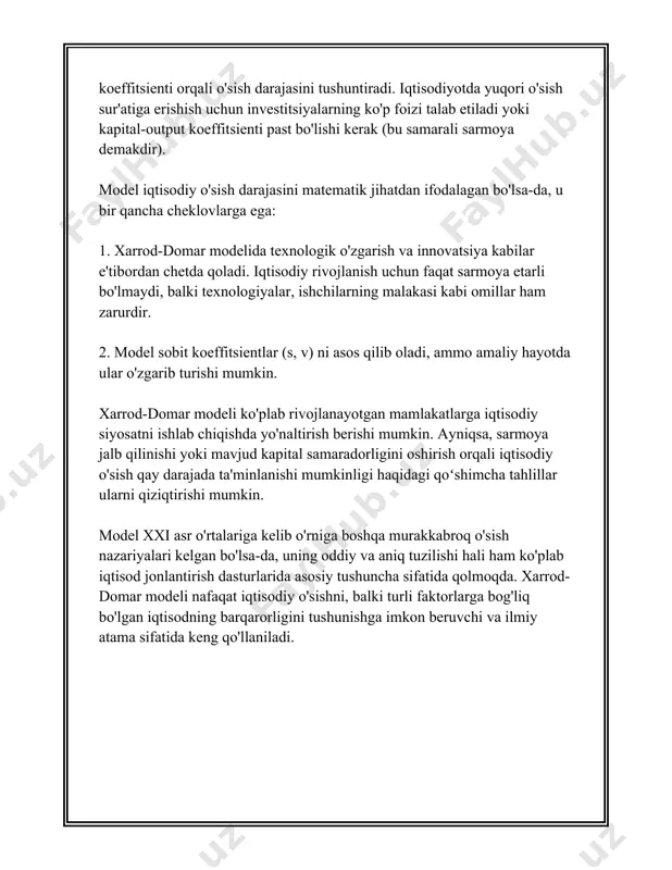 g'batlantirish mumkin. shuningdek, rivojlangan mamlakatlarda kapitalning samaradorligini oshirish orqali barqaror iqtisodiy rivojlanishga erishish mumkin. xarrod-domar modeli har safar ko'plab tanqidlarga sabab bo'lsa-da, u iqtisodiy o'sish jarayonlarini tahlil qilishda muhim dastlabki yondashuvlardan biri hisoblanadi. bu model asosida keyingi nazariyalar va amaliyotlar rivojlandi, jumladan solow modeli va boshqalar. yuqoridagi raqamli parametrlar asosan iqtisodchi va tadqiqotchilar tomonidan o'rganilishi lozim bo'lgan asosiy tushunchalardir. ushbu modelda ko'rsatilgan sarmoya va jamg'arishning muhimligi rivojlanish strategiyalari uchun yo'l xaritasi sifatida foydalaniladi. eng optimal yechimlarni topish va barqaror iqtisodiy o'sishni ta'minlash uchun bu modelning tamoyillari amalda qo'llanilishi zarurdir. 3. solou modeli asoslari sizga solou modeli asoslari bo'yicha ma'lumotlar kerak ekan. quyida ushbu model haqida asosiy ma'lumotlarni keltiraman. --- solou modeli, to‘liq nomi robert solou tomonidan ishlab chiqilgan "solou-swan o‘sish modeli", iqtisodiy o‘sishni tahlil qilish uchun keng qo‘llaniladigan neoklassik o‘sish modelidir. ushbu model 1950-yillarda robert solou va trevor swan tomonidan ishlab chiqilgan bo‘lib, iqtisodiy o‘sish va ishlab chiqarishning uzoq muddatli …