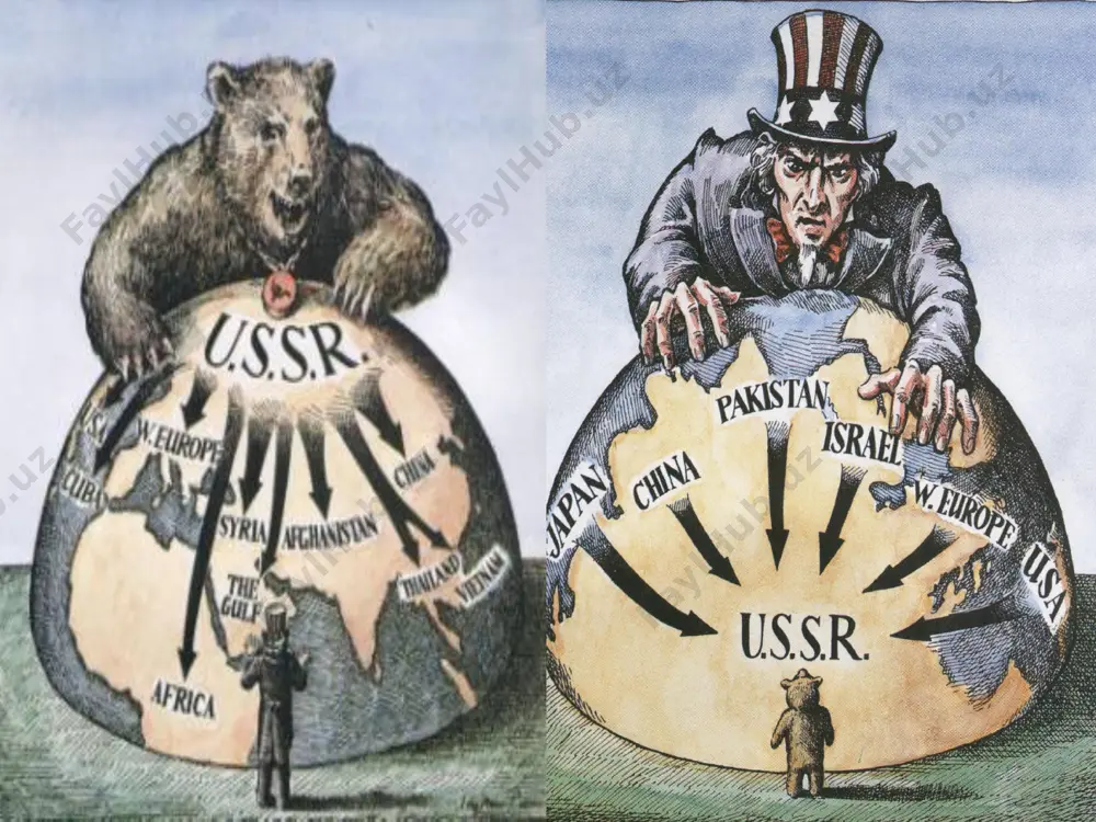 atchi hukumatga qarshi kurashdilar chiang kay-shek aqsh chiangni qo'llab-quvvatladi va ikkinchi jahon urushi paytida millatchi partiyaga 3 milliard dollar yordam berdi/ biroq, mao tszedunning xitoydagi kommunistik partiyasi kuchli edi, ayniqsa xitoylik dehqonlar orasida xitoy fuqarolar urushi: 1944-1947 urush oxirida yaponiya xitoyni tark etgach, xitoy millatchilari va kommunistlari qonli fuqarolar urushiga qarshi kurashdilar. aqsh millatchilarga milliardlab dollar yuborganiga qaramay, mao boshchiligidagi kommunistlar urushda g'alaba qozonishdi va xitoyni boshqarishdi. chiang va millatchilar xitoydan qo'shni tayvanga qochib ketishdi (formosa). mao xitoy xalq respublikasini tashkil etdi mao kai-shek amerika hayratda qoldi amerika jamoatchiligi xitoyning kommunistlar qo'liga tushganidan hayratda qoldi. ko'pchilik qamoqqa olish muvaffaqiyatsiz tugadi va kommunizm kengayib borayotganiga ishonishdi. amerikada kommunizm va kommunistik ekspansiyadan qo'rqish kuchayib bordi. koreya urushi yaponiya 1910 yilda koreyani egallab olgan va uni 1945 yil avgustgacha boshqargan. ikkinchi jahon urushi tugashi bilan 38-parallel shimolidagi yapon qo'shinlari sovetlarga taslim bo'lishdi. 38-janubdagi yapon askarlari amerikaliklarga taslim bo'lishdi. germaniyada bo'lgani kabi, ikki davlat …