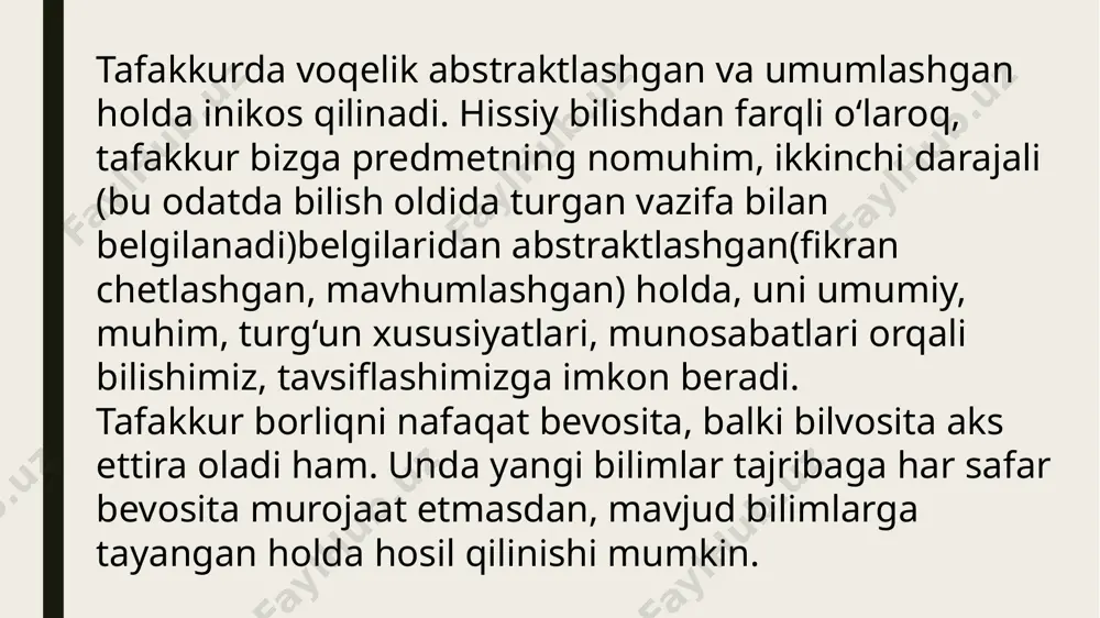 o‘lmagan, lekin fikrda qurish mumkin bo‘lgan obektlarni, ularning o‘zaro mantiqiy bog‘lanishlarini tadqiq etadi. intuitsionistik mantiq ham matematikaning rivoji bilan uzviy bog‘liq ravishda shakllangan. asoschisi gollandiyalik matematik va mantiqshunos l.brauer bo‘lib, u va uning tarafdorlari fikriga ko‘raintuitsiya matematika va mantiqning asosida yotadi. ularning takidlashicha, to‘plam nazariyasi bilan bog‘liq paradokslarning vujudga kelishi nafaqat cheksiz lik abstraksiyasini qabul qilish 335 bilan, balki klassik mantiqning qonunlari hamda muhokama yuritish usullariningyangi bilish vazifalarini hal etishdagi zaifligi bilan ham bog‘liq. tushunchaning mazmuni va hajmi tushuncha o‘zining mazmuni va hajmiga ega. tushunchaning mazmunini unda fikr qilinayotgan predmetning muhim belgilari to‘g‘risidagi axborot tashkil etadi. masalan, «fan» tushunchasining mazmunini fanning muhim belgilari, yani 339 uning amaliyot bilan aloqada ekanligi, predmetlarning birorta sohasiga oid tushunchalar, qonunlar, prinsiplar shaklidagi obektiv mazmunga egabilimlar tizimidan iborat bo‘lishi, dunyoqarashning shakllanishida ishtirok qilishi va shu kabilar tashkil qiladi. tushunchaning hajmi esa, unda fikr qilinayotgan predmetlar yig‘indisini aks ettiradi. masalan, yuqorida misol qilib keltirilgan «fan» tushunchasining …