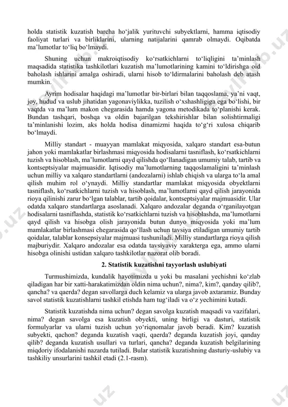 iy axborot vositalari orqali o‘tkaziladigan tekshirishning maqsadi, vazifalarini tushuntirish muhim ahamiyatga ega. to‘rtinchidan, ma’lumotlarni aniqligi, haqqoniyligi kuzatish uslubiga, uslubiy masalalarning to‘g‘ri yechilishiga bog‘liq. beshinchidan, ma’lumotlarni aniqlik darajasiga ko‘rsatkichning sotsial funksiyasi ta’sir etadi. masalan, chaqaloqlar o‘limi darajasi haqidagi ma’lumotlar noaniqligi bu voqealarni ataylab noto‘g‘ri hisobga olinishidan kelib chiqadi. chaqaloq tug‘ilganidan so‘ng bir oz o‘tganda o‘lib qolishini ko‘pincha o‘lik tug‘ildi deb qayd qilinadi. o‘lik tug‘ilgan bola hodisalarini esa chala tug‘ilgan bola deb hisobga oladilar. jinoyatlar soni haqidagi ma’lumotlar ham ishonchsizlik tug‘diradi, chunki ular tartibni saqlash va huquqiy tashkilotlar tomonidan qayd etilgan jinoyatlarnigina aks ettiradi. ma’lumotlarni to‘liqligi, demak, kuzatish jarayonida hamma obyektlarni, birliklarni qamrab olish, har biri haqida barcha ko‘zlangan ma’lumotlarni to‘plashdir. o‘rganish uchun belgilangan obyektlarning ayrimlari kuzatishdan tushib qolsa, yoki ayrim belgi qayd qilinmay qolsa, ma’lumotlar ham to‘liq bo‘lmaydi va ishonchsizlik tug‘diradi. iqtisodiy nazariya va statistikada yashirin iqtisodiyot degan tushuncha bor. u ma’lum maqsadni ko‘zlab iqtisodiy faoliyat natijalarini hisobdan yashirish, faoliyatning o‘zini …