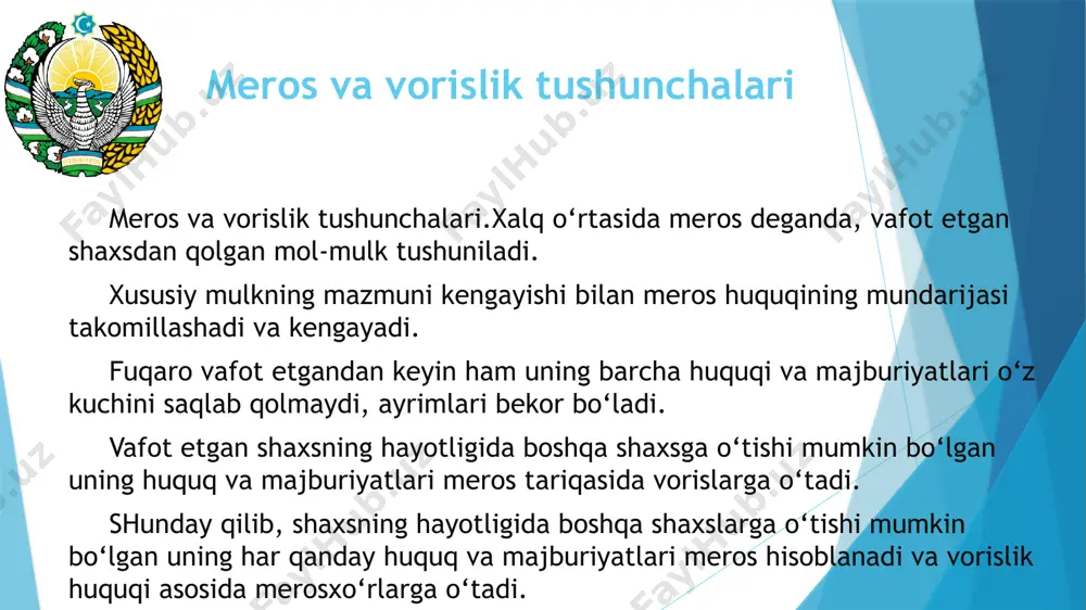 ytda vafot etgan shaxsga tegishli bo‘lgan mol-mulk, mulkiy huquq va majburiyatlarni merosxo‘rlarga o‘tish tartibi va shartlarini belgilab beruvchi huquqiy normalar yig‘indisidan iborat. o‘zbekiston respublikasi konstitutsiyasining 54-moddasida «mulkdor mulkiga o‘z xohishicha egalik qiladi, undan foydalanadi va uni tasarruf etadi»,-deyilgan. o‘zbekiston respublikasi fuqarolik kodeksining 1112-moddasiga asosan, vorislik ikki asosda vujudga keladi. birinchidan, vasiyat bo‘yicha va, ikkinchidan, qonun bo‘yicha. qonun bo‘yicha merosxo‘r bo‘lish uchun nafaqat meros qol­diruvchining rasman qon-qarindoshlari bo‘lishi, shuningdek, amalda hayotda ham yaqin kishilari bo‘lishi mumkin. qonun bo‘yicha vorislik huquqi meros qoldiruvchining vafoti yoki uning sud qarori bilan vafot etgan deb e’lon qilinishi bilan birdaniga va to‘lig‘icha merosxo‘rlarga o‘tadi. merosning ochilishi va vorislik huquqiniamalga oshirish qonun vorislik huquqiy munosabatlarining kelib chiqishini ochilishi bilan bog‘laydi.vorislik huquqi asosida meros mulkini qabul qilib olish merosning ochilishi munosabati bilangina amalga oshiriladi. shuning uchun ham merosning ochilish joyi va vaqti muhim va zarur ahamiyat kasb etadi. vorislik huquqining vujudga kelishi muayyan bir hodisaning sodir bo‘lishi bilan …