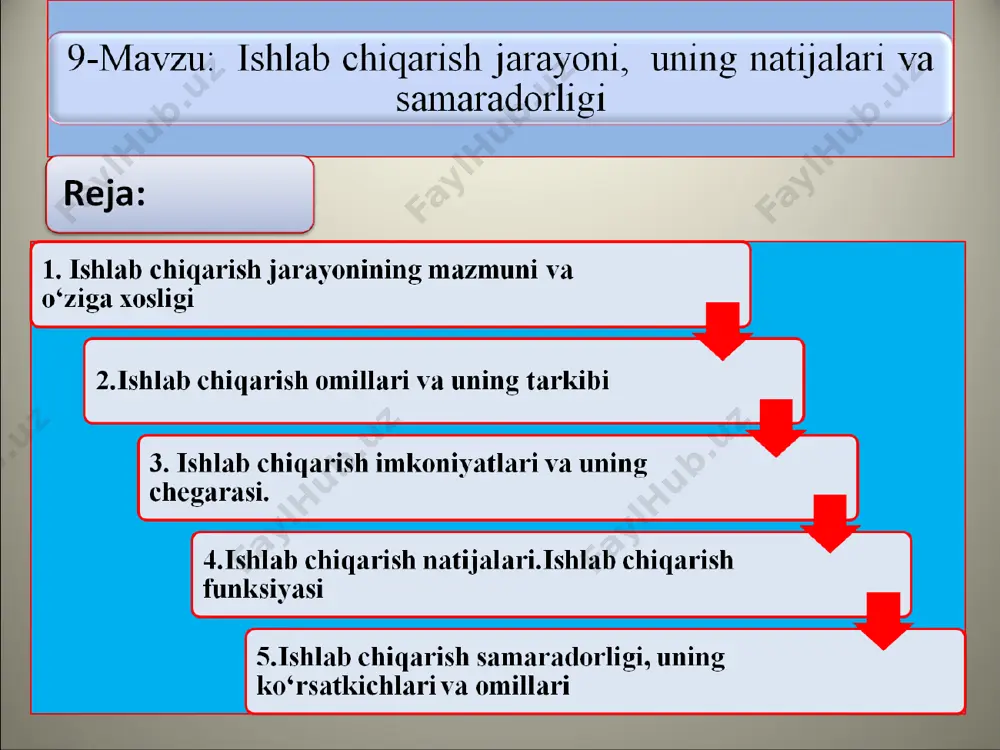 iqarish jarayonida uning omillariga aylanadi. (mexnat resurslari) ishchi kuchi —insonning mehnat qilish layoqati bo‘lib, ishlab chiqarishning asosiy va zaruriy shartidir. shu sababli u ishlab chiqarishning shaxsiy omili deb ham ataladi. ishchi kuchi ishlab chiqarishning boshqa omillarini o‘zaro biriktirib, ularni harakatga keltiradi. kapital omil sifatida inson tomonidan yaratilgan ishlab chiqarish vositalari ya'ni mehnat vositalari va predmetlarini o‘z ichiga oladi. mehnat vositalari - deb, inson uning yordamida tabiatga, mehnat predmetlariga ta'sir qiladigan vositalarga aytiladi (mashinalar, stanoklar, traktorlar, qurilmalar, uskunalar va boshqalar). mehnat predmetlari - bevosita mehnat ta'sir qiladigan, ya'ni mahsulot tayyorlanadigan narsalardir (er-suv, xomashyo va boshqa turli materiallar). mehnat predmetlari tabiatda tayyor holda uchrashi mumkin yoki oldingi davrdagi mehnat mahsuloti, ya'ni xom-ashyo bo‘lishi mumkin. mehnat vositalari va mehnat predmetlari birgalikda ishlab chiqarish vositalari deb yuritiladi. * 3. ishlab chiqarish imkoniyatlari va uning chegarasi. ehtiyojlarning doimo yuksalib borishi resurslarning cheklanganligi sababli ularni to‘la qondirish uchun zarur bo‘lgan miqdorda tovar (xizmat)larni ishlab chiqarishning imkonini …