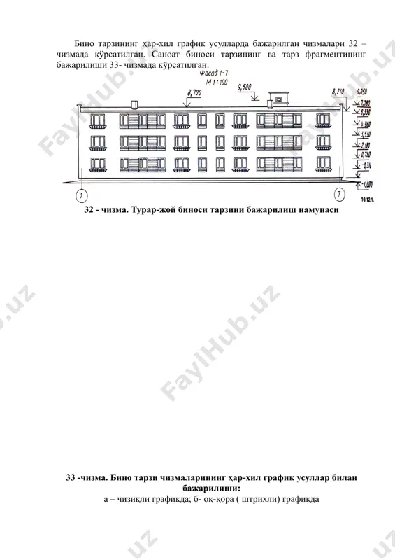 ғрисида маълумотлар; 7) ташқи ёнғинга қарши ва эвакуация зиналари, галереялар туташишлари. турар-жой биноси тарзини расмийлаштириш намунаси 70- чизмада кўрсатилган. бино тарзининг ҳар-хил график усулларда бажарилган чизмалари 32 –чизмада кўрсатилган. саноат биноси тарзининг ва тарз фрагментининг бажарилиши 33- чизмада кўрсатилган. 32 - чизма. турар-жой биноси тарзини бажарилиш намунаси 33 -чизма. бино тарзи чизмаларининг ҳар-хил график усуллар билан бажарилиши: а – чизиқли графикда; б- оқ-қора ( штрихли) графикда бино тарзи чизмасини қуйидаги кетма-кетликда бажариш тавсия этилади (34- чизма). 1) дастлаб тарз чизиладиган чизиқ қалинлигида тарз контуридан 3,0 мм пастроқда горизонтал тўғри чизиқ ўтказилади; 2) сўнгра ундан 1,5 мм юқорироқдан иккинчи горизонтал тўғри чизиқ ўтказилади; 3) ингичка чизиқлар билан цоколь, дераза ўринларининг, карниз, томнинг устки қирраси ва бошқа элементларнинг горизонтал контурлари ўтказилади; 4) сўнгра координацион ўқларнинг, деворлар, дераза ва эшик ўринларининг вертикал чизиқлари ўтказилади; болконларнинг тўсиқлари, дудбурон қувурлар ва бошқа меъморий элементлар чизилади; 5) координацион ўқларнинг доирачалари, сатҳлар белгилари қўйиладиган жойларнинг чиқариш чизиқлари, …