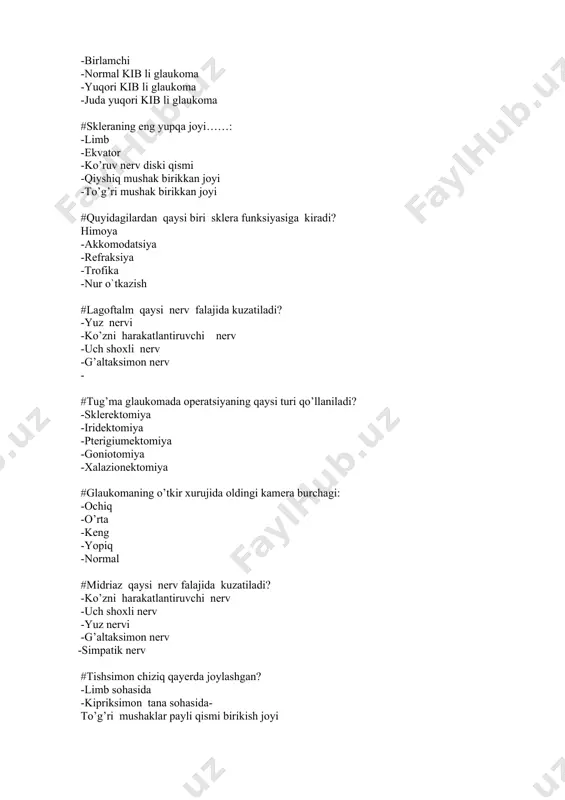 #optotip nima? -ko’rish o’tkirligini aniqlash uchun foydalaniladigan son,xarf yoki biror boshqa belgi -ko’rish qobiliyatining bir turi -optik sistemaning tuzilishining o’ziga xos xususiyati -optik sistemaning nur sindirish kuchini ifodalovchi ko’rsatkich -rang sezish patologiyasi #ko’rish o’tkirligi snellen formulasi bo’yicha aniqlanadi. quyidagi formulalar ichidan ushbu formulani toping. -visus=d/d -visus=d/d -visus=dxd -visus=dd -visus=dd #yashil rangni ajratolmaslik holati qanday ataladi? -deyteronomaliya -protanopiya -deyteranopiya -protanomaliya -tritanopiya #zaxarlanishdan so’ng bemor hamma narsani sariq rangda ko’ra boshladi. sizning tashxisingiz: -eritropsiya -xloropsiya -ksantopsiya -sianopsiya -monoxromaziya #skotoma bu…. : -periferik chegaraga yetmaydigan, ko’rish chegarasining o’choqli defekti -to’q rangli ko’z olmasining o’smasi -ko’z tubidagi to’q rangli o’sma -ko’rish maydonining konsentrik torayishi -periferik chegaraga yetadigan, ko’rish chegarasining organik defekti #ko’zning fizik refraksiyasida aniqlanadi: -ko’zning barcha optik muhitlarining nur sindirish kuchi -ko’z gavharining nur sindirish kuchi -ko’zning barcha optik muhitlarining nur sindirish kuchi va to’r pardaga nisbatan asosiy fokusni holati -to’r pardaga nisbatan asosiy fokusni holati -to’r pardaning sindiruvchi kuchi #akkomadatsiyaning faol komponenti …