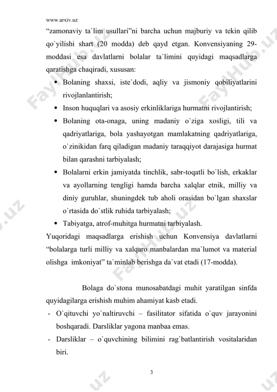 b oladi: · shaxsiy qadr – qimmat va boshqalarga hurmat xislatlarini tarbiyalash. · tanqidiy fikrlash qobiliyatlarini rivojlantirish. · tinchlik ma`nosini keng dunyoviy miqyosida, ya`ni shaxsning hamda umummillatning tinchligi nuqtai nazaridan tushunish va muammolarni oldini olish, hamda ularni yechish qobiliyatlarini shakllantirish. · inson huquqlari tushunchasini anglab yetish va huquqlarni hurmat qilishga chaqirish. global ta`lim maqsadlari bilim, tafakkurni rivojlantirishga qaratilgan maqsadlar. 1.shaxsiy ong: o`quvchilar o`zlarining jismoniy, aqliy, hissiy va ruhiy imkoniyatlari darajasini, kuchli tomonlarini va kamchiliklarini rivojlantirish kerak bo`lgan joylari haqida bilim egallashlari kerak.o`z nuqtai nazarlarini qanday shakllanishi haqida ham bilimga ega bo`lishlari kerak. 2.tizimlar nazariyasi: o`quvchilar tabiat tizimlari, savdo tizimlari, ekologik tizimlar va siyosiy tizimlar haqida tushunchaga ega bo`lishlari kerak. 3.taraqqiyot shakllari: o`quvchilar jamiyatda mavjud bo`lgan taraqqiyot tushunchasi va uning asosiy shakllari ( kapitalistik, ijtimoiy va alternativ) haqida bilimga ega bo`lishlari kerak.ta`lim olish va savodxonlik haqida, hozirgi ta`lim sistemasi , ularning turli jamiyatdagi rivojini tushunishlari va taraqqiyot uchun savodxonlikning naqadar zarur …