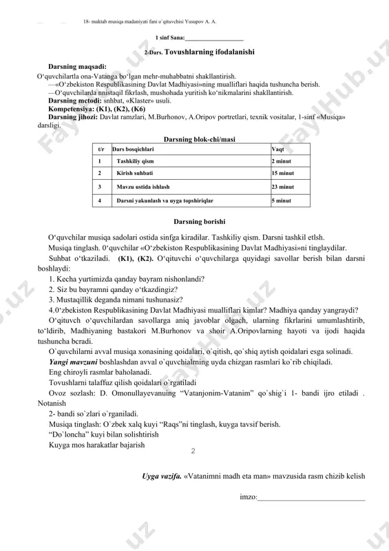 qo‘shiq ifodali ijro etiladi. qo‘shiq mazmuni o'quvchilar bilan tahlil etiladi va o‘qituvchi hamkorligida kuylanadi. 0‘quvchilar qo‘shiq harakatlariga mos raqs harakatlarini bajaradilar. musiqa savodi bo‘yicha mtmda tinglangan kuylar yoki kuylangan qo`shiqlar takrorlanadi. musiqiy tovushlar haqida tushuncha beriladi. ovoz sozlash: d. omonullayevanuing “vatanjonim- vatanim” qo`shig`i tahlil qilinadi. notanish so`zlar mazmuni tushuntiriladi 1- bandi so`zlari o`rganiladi. musiqa tinglash: o`zbek xalq kuyi “do`loncha”ni tinglash, kuyga tavsif berish. kuyga mos harakatlar bajarish uyga vazifa. «vatanimni madh etaman» mavzusida rasm chizib kelish : imzo:______________________________ 1 sinf sana:____________________ 2-dars. tovushlarning ifodalanishi darsning maqsadi: o‘quvchilartla ona-vatanga bo‘lgan mehr-muhabbatni shakllantirish. · «o‘zbekiston respublikasining davlat madhiyasi»ning mualliflari haqida tushuncha berish. · o‘quvchilarda nnistaqil fikrlash, mushohada yuritish ko‘nikmalarini shakllantirish. darsning mctodi: snhbat, «klaster» usuli. kompetensiya: (k1), (k2), (k6) darsning jihozi: davlat ramzlari, m.burhonov, a.oripov portretlari, texnik vositalar, 1-sinf «musiqa» darsligi. darsning blok-chi/masi t/r dars bosqichlari vaqt 1 tashkiliy qism 2 minut 2 kirish suhbati 15 minut 3 mavzu ustida ishlash 23 …