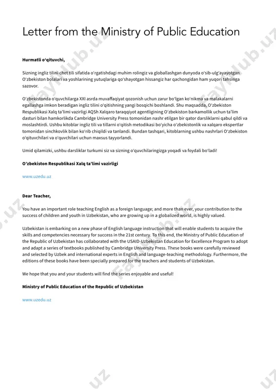 rtant to be methodical and scientific before adopting them for all classrooms throughout the country. thus, you and your students have the unique opportunity to participate in research to determine their efficacy, ease of use, and suitability. your partnership, professionalism, and feedback in this piloting process will help to refine the use of textbooks towards supporting the academic and professional goals for uzbek students. to assist you, this customized addendum gives specific information and advice for using the textbook in your classroom. it is important that you read this addendum. it contains the timetable, including the exam schedule, as well as advice on how to use the resources of this outstanding textbook package effectively. it also contains much of the information you need day-to-day so that you can adapt this international textbook for your students and classroom. it is also critical that you read the publisher’s introduction in this teacher’s …