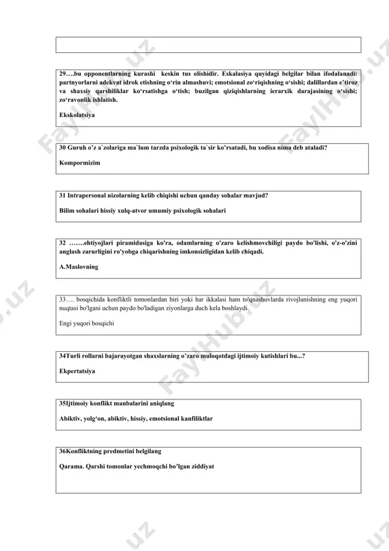 e’tirof etgan xarakat talablari? ishtimoiy norma 43suhbatdoshlarning fazoda bir-birlariga nisbatan tutgan o’rinlari, xolatlari (yaqin, uzoq, intim), qiliqlari, mimika, pantomimika, qarashlar, bir-birini bevosita xis qilishlari bu...? nonverbal tasir 44taqlid qilish qonunlari” asari nechanchi yilda chop ettirilgan? 1890 y 45gabriel tard tomonidan yozilgan asar qaysi qatorda to’g`ri ko’rsatilgan? taqlid qilish qonunlari. 46gabriel tard tomonidan yozilgan “taqlid qilish qonunlari” asarida aks ettirilgan hodisalar qaysi davlatda yuz bergan? fransiya 47g.tarddan so’ng olomon psixologiyasini o’rgangan olim kim? g. libon 48shaxsning ommaga qo’shilishida kuzatiladigan holatlarni ko’rsating. shahsiy aqliy sifatlar yoʼnalishi hissiyotlarga beruvchanlik 49muloqot ishtirokchilari o'rtasidagi axborot almashinuvi muloqotning qaysi tarkibiy qismiga tegishli? kommunikativ 50odamlarda 97 xil kulgu turi, 85 xil ko`z qarashlar turi borligini kim kuzatgan? l talstoy 51nizolar oqibatiga ko’ra asosan qanday turlarga ajratiladi? konstruktiv va destruktiv nizolar 52 “simpatiya – insonning boshqa kishiga unchalik anglanmagan munosabati va moyilligidir”, - degan fikr qaysi muallifga tegishli. a.g kovalev 53nuqtalar o‘rniga tushirib qoldirilgan so‘zlarni qo‘ying: “simpatiya– bu …