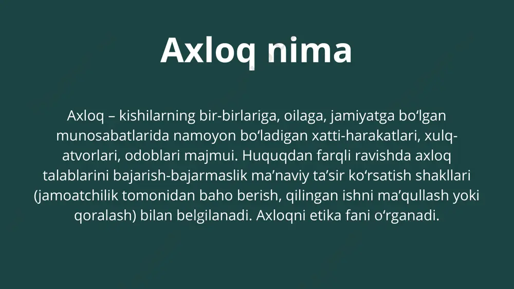 ish mumkin emas, chunki burchni erkinlikdan ajratish bir yoqlama jamiyatga bo‘ysundirishni oqlash bo‘lsa, erkinlikni burchsiz o‘rganish esa ijtimoiy axloqni inkor qilishga urinishdir. shaxsning axloqiy erkinligi darajasi uning axloqiy zaruratni qanchalik chuqur tushunishi va unga izchil amal qilishiga bog‘likdir. burj law firm vijdon vijdon – axloqiy tushuncha, yaxshilik nima-yu, yomonlik nimaligiga javob beradigan ichki ishonch, oʻz xatti-harakatlari uchun axloqiy masʼuliyatni anglash. vijdon shaxsning axloqiy jihatdan oʻz-oʻzini nazorat qila olish, oʻzida axloqiy burchni mustaqil shakllantirish hamda oʻzidan uni ado etishni talab qilish va oʻz xatti-harakatlariga baho berish qobiliyatini ifodalaydi. e'tiboringiz uchun rahmat reallygreatsite.com image1.png image2.png image3.svg image4.png image5.svg image6.png image7.png image8.png image9.svg image10.jpeg image11.png image12.svg image13.png image14.svg image15.png image16.svg image17.png image18.svg /docprops/thumbnail.jpeg
