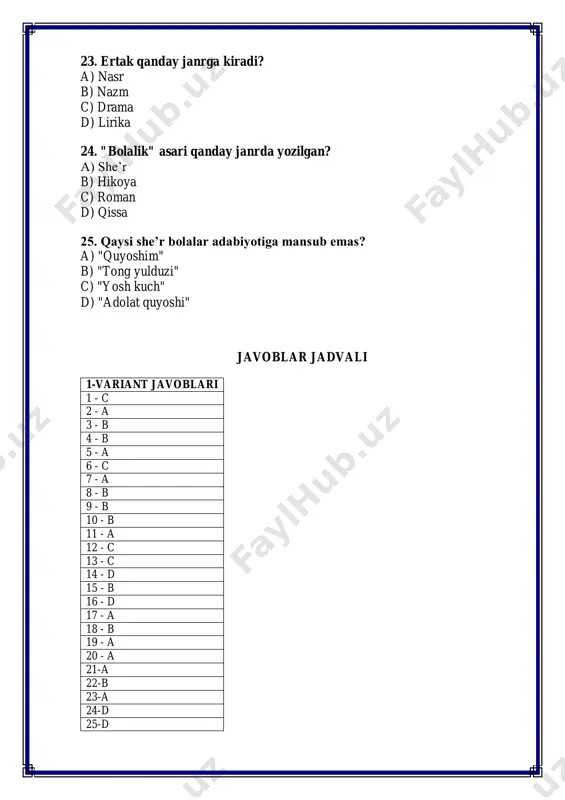 yg‘ondi" gapida qanday gap turi bor? a) sodda gap b) qo‘shma gap c) kesimiy gap d) ergash gap 21. "osmonda yulduzlar miltillaydi" misrasi kimga tegishli? a) erkin vohidov b) g‘afur g‘ulom c) o‘tkir hoshimov d) said ahmad 22. qaysi asar erkin vohidov qalamiga mansub? a) tong yulduzi b) kecha va kunduz c) o‘tkan kunlar d) mehrobdan chayon 23. qaysi janr og‘zaki xalq ijodiga mansub emas? a) ertak b) she’r c) lirika d) roman 24. "shum bola" asarida bosh qahramon kim? a) omon b) zaynab c) bola d) murod 25. "ko‘klam nafasi" she’rining muallifi kim? a) abdulla oripov b) erkin vohidov c) o‘tkir hoshimov d) said ahmad javoblar jadvali 2-variant javoblari 1 - d 2 - b 3 - c 4 - c 5 - a 6 - c 7 - a 8 - b 9 - c 10 - d 11 - d 12 - b 13 - c 14 …