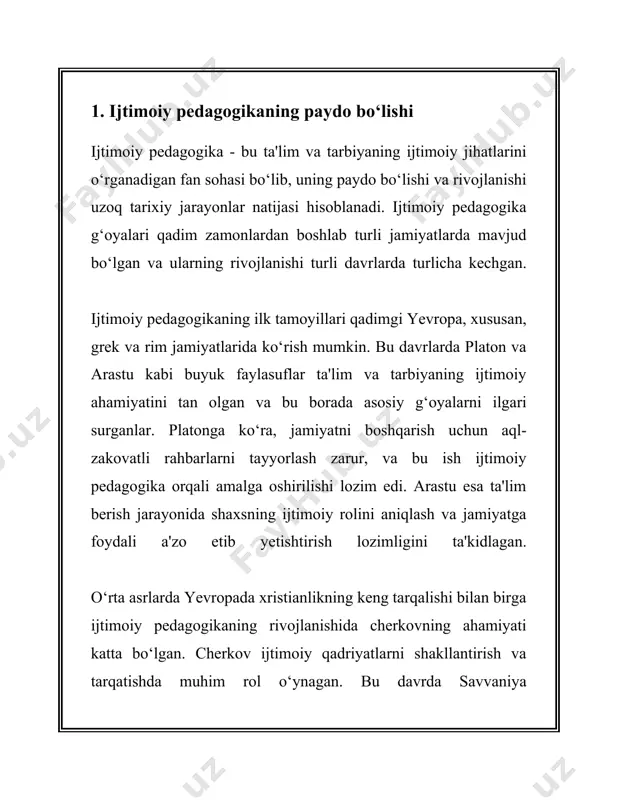 ularning iqtisodiy va ijtimoiy sharoitlariga moslashtirilgan turli dasturlar rivojlanmoqda. masalan, 2015 yilda birlashgan millatlar tashkiloti tomonidan qabul qilingan barqaror rivojlanish maqsadlari ijtimoiy pedagogika sohasida yangi strategiyalarni rivojlantirish zaruriyatini keltirib chiqardi. bu maqsadlar ichida, albatta, sifatli ta'lim, tenglikni ta'minlash va ijtimoiy adolatni o'rnatish masalalari mavjud bo'lgani uchun ijtimoiy pedagogika bu maqsadlarning amalga oshirilishida asosiy rol o'ynaydi. xulosa qilib aytganda, ijtimoiy pedagogikaning rivojlanishi ijtimoiy muhit va shaxslar o'rtasidagi o'zaro aloqalarni chuqurroq o'rganish, yangi tarbiyaviy usullarni tadbiq etish va shaxsning jamiyatda barkamol shaxs sifatida rivojlanishini ta’minlashda muhim o'rin tutadi. 3. ijtimoiy pedagogikaning nazariy asosi "ijtimoiy pedagogikaning nazariy asosi" mavzusi bo‘yicha quyidagi ma’lumotlar berilishi mumkin: ijtimoiy pedagogika – bu shaxsning ijtimoiy rivojlanishi, ijtimoiy muhit sharoitida tarbiya va ta'limning nazariy va amaliy jihatlarini o'rganuvchi fan sohasi hisoblanadi. bu fan bolalar, o'smirlar, yoshlar va umuman jamiyat a'zolari ijtimoiylashuv jarayoni bilan shug'ullanadi. ijtimoiy pedagogika o'z oldiga qo'ygan maqsadlardan biri bu shaxsni jamiyatga ijtimoiy jihatdan moslashtirishdir. uning asosiy …
