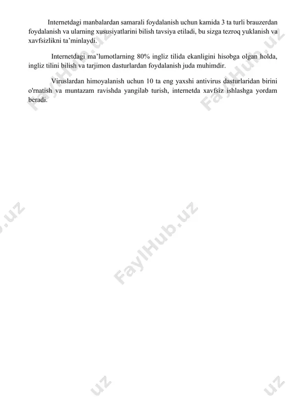 rus dasturlaridan birini o'rnatish va muntazam ravishda yangilab turish, internetda xavfsiz ishlashga yordam beradi. 📌xulosa интернет ресурслари билан ишлаш жараёнида маълумотларни танқидий баҳолаш, манбалар ишончлилигини текшириш ва ахборот хавфсизлигига риоя қилиш муҳим аҳамиятга эга. маълумотларни тўғри таҳлил қилиш ва самарали фойдаланиш кўникмаларини ривожлантириш зарур. 📚foydalanilgan adabiyotlar 1. интернет ресурслари билан ишлаш бўйича амалий қўлланма. тошкент: "fan va texnologiya", 2023. 2. интернетда хавфсизлик ва маълумотларни ҳимоя қилиш. ўзбекистон миллий университети нашриёти, 2022. 3. интернет ресурсларидан самарали фойдаланиш. "ilm-fan" журнали, 2021, №3. 4. веб-технологиялар ва интернет дастурлаштириш