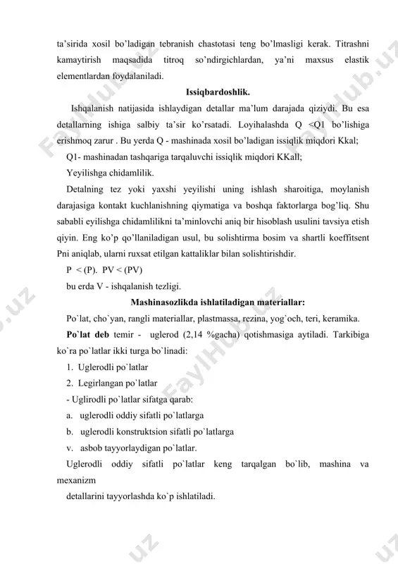 ishlov berilmaydi (bolg`alanishida qizdirish, qizdirib shtampovka va boshqa) shuning uchun u metallurgiya zavodida olgan mexanik xossalarini saqlaydi. b. gruppadagi po`latlar ximik tarkibini belgilangan xolatda tayyorlanadi. bu po`latlarni olganda ularga ishlov bersa buldi. ishlov berish ximik tarkibiga qarab beriladi va shunda mexanik xossalari o`zgaradi. v guruppadagi po`latlar mexanik xossalari va ximik taribi bo`yicha tayѐrlanadi. agar shu po`latdan tayyorlangan konstruktsiyalarga masalan svarkalansa unda mexanik xossalari va ximik tartibi kafolatlanadi, ya’ni o`zgarmaydi. chunki svarkalanishi va mexanik xossalari svarkalanadigan joyda ximik tarkibiga bog`lik bo`ladi, konstruksiyasini qolgan joyi metallurgik zavodda olingan mexanik xossasi qolaveradi. konstruktsion sifati uglerodli po`latlar. ko`p mashina va mexanizmlarni tayyorlashda konstruktsion po`latlardan foydalanadi. oddiy sifatli po`latlardan konstruktsion po`latlarni farki shuki, ularda zararli oltingugurt, fosfor va boshqa qo`shimchalar ozroq bo`ladi. barcha xollarda sifatini yaxshilaydigan kremniy va marganets (mp) mikdori ko`p bo`ladi. bundan tashqari po`latni tayyorlashda yaxshiroq va aniqroq qaynatib quyiladi. konstruktsion po`latlarni xar qanday termik va ximiko-termik ishlov bersa bo`laveradi va katta oraliqda …