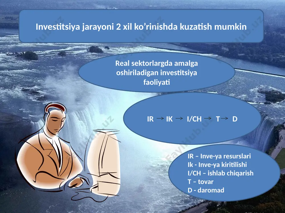investitsiyalarning asosiy moliyalashtirish manbasi bo‘lib korxonalarning o‘z mablag‘lari xizmat qildi. ularning umumiy investitsiyalardagi ulushi 10,8 punktga ortib, 54,3 foizni tashkil etdi kapital qo‘yilmalarning moliyalashtirish manbalari bo‘yicha tarkibi (% hisobida). manba: o‘zbekiston respublikasi davlat statistika qo‘mitasi. mamlakatimiz investitsiya loyihalarini moliyalashtirish va rag‘batlantirish bevosita qo‘yidagi masalalarni hal etishga yordam beradi: -yangi zamonaviy texnika va texnologiyalarni respublika iqtisodiyotiga jalb qilish, ularni ishlab chiqarishga joriy qilish, bir necha yillar davomida sifatsiz, haridor talabiga javob bera olmaydigan mahsulot ishlab chiqaruvchi eski texnikalardan tezroq qutilish; -yangi ish joylarini tashqil qilish va aholining ishsiz qismini ish bilan ta’minlash, shu bilan birga, horijning ilg‘or boshqarish tajribasini joriy etish va shu orqali mehnat unumdorligini oshirish; -jahon bozori talablariga mos sifatli mahsulotlar ishlab chiqarish va ularni eksport qilish evaziga mamlakatga qadri baland valyutalarning ko‘proq kirib kelishini ta’minlash. loyihaviy moliyalashtirish loyihaviy moliyalashtirish – bu bank kreditlashining bir turi bo‘lib, investitsiya loyihalarini kreditlashda kreditor qisman yoki to‘liq majburiyatni (xatarni) o‘z bo‘yniga oladi. …