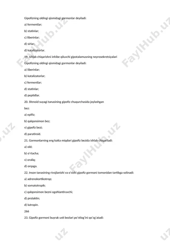 bezlar; d) bachadon mushak pardasi hujayralarining bo'shashishiga olib keladi tug'ilgan vaqti. 37. halqum orqasida, traxeyaning birinchi xaftagalarida joylashgan: a) timus; b) gipofiz bezi; v) epifiz; d) qalqonsimon bez. 38. qalqonsimon bez medullasining k-hujayralari gormon ishlab chiqaradi: a) tiroksin; b) triiodotironin; c) kalsitonin; d) paratiroid gormoni. 39. kalsitoninning ta'siri: a) k+ konsentratsiyasini tartibga soladi tanada; b) kaliyning qondan suyakka oqishini bloklaydi; c) kaliyning qondan suyakka oqishini rag'batlantiradi; d) ca2+ konsentratsiyasini tartibga soladi tanada. 269 40. qalqonsimon bez medullasining a-hujayralari gormon ishlab chiqaradi: a) tiroksin; b) serotonin; c) kalsitonin; d) paratiroid gormoni. 41. qalqonsimon bezning giperfunktsiyasi quyidagi kasalliklarning rivojlanishi bilan kechadi: a) miksedema; b) endemik guatr; v) graves kasalligi; d) kretinizm. 42. paratiroid bezlari tomonidan ishlab chiqariladigan gormon: a) somatostatin; b) paratiroid gormoni; c) melatonin; d) prolaktin. 43. qonda kaltsiy kontsentratsiyasini oshirishga yordam beradi gormon: a) tiroksin; b) tirokalsitonin; v) paratiroid gormoni; d) aldosteron; d) triiodotironin. 44. paratiroid gormoni bez tomonidan ishlab …