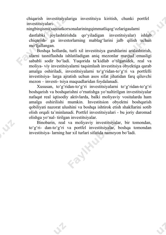 sanoatkorxonalariningqimmatliqog‘ozlarigaularni dastlabki joylashtirishda qo‘yiladigan investitsiyalar) ishlab chiqarish- ga investorlarning mablag‘larini jalb qilish uchun mo‘ljallangan. boshqa hollarda, turli xil investitsiya guruhlarini aralashtirish, ularni tasniflashda ishlatiladigan aniq mezonlar mavjud emasligi sababli sodir bo‘ladi. yuqorida ta’kidlab o‘tilganidek, real va moliya- viy investitsiyalarni taqsimlash investitsiya obyektiga qarab amalga oshiriladi, investitsiyalarni to‘g‘ridan-to‘g‘ri va portfelli investitsiya- larga ajratish uchun asos sifat jihatidan farq qiluvchi mezon – investi- tsiya maqsadlaridan foydalanadi. xususan, to‘g‘ridan-to‘g‘ri investitsiyalarni to‘g‘ridan-to‘g‘ri boshqarish va boshqarishni o‘rnatishga yo‘naltirilgan investitsiyalar nafaqat real iqtisodiy aktivlarda, balki moliyaviy vositalarda ham amalga oshirilishi mumkin. investitsion obyektni boshqarish qobiliyati nazorat ulushini va boshqa ishtirok etish shakllarini sotib olish orqali ta’minlanadi. portfel investitsiyalari - bu joriy daromad olishga yo‘nal- tirilgan investitsiyalar. binobarin, real va moliyaviy investitsiyalar, bir tomondan, to‘g‘ri- dan-to‘g‘ri va portfel investitsiyalar, boshqa tomondan investitsiya- larning har xil turlari sifatida namoyon bo‘ladi. 5.1. xalqaro kapital harakatining mohiyati vashakllari yuzlab yillar davomida jahon savdosi xalqaro iqtisodiy munosa- batlarda o‘z mavqeini egallab …