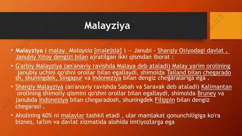 a o'z ishida konstitutsiyaviy masalalar bo'yicha ittifoq partiyasi memorandumiga asoslanib, u evaziga malayziya bo'lmaganlarga fuqarolik berish, mamlakatning tub aholisi uchun alohida mavqe yaratish. ushbu memorandum jamoalararo kelishuv deb ataladi. aslida, u jamiyatning eng yuqori qatlamlari darajasida erishilgan va milliy jamoalarning asosiy guruhlari manfaatlarini aks ettirmagan. konstitutsiya 1957 yil 31 avgustda malaya federatsiyasi mustaqilligi e'lon qilingan kuni kuchga kirdi. 1963 yilda malayziya federatsiyasining tashkil etilishi munosabati bilan unga qo'shimchalar kiritildi ( malayziya qonuni ).). u haligacha g‘arb demokratiyasi g‘oyalari va mamlakat tub aholisining alohida huquqlarini ta’minlash tamoyillarini o‘zida mujassam etgan konstitutsiyaning mohiyatini o‘zgartirmadi. malayziya aholisi 2021 yilgi aholini ro'yxatga olish ma'lumotlariga ko'ra, malayziya aholisi 28,334,135 (dunyoda 44-o'rin) . aholining oʻrtacha zichligi 86 kishi/km². aholi ancha notekis taqsimlangan, chunki malayziyaliklarning 79,6 foizi mamlakatning yarim orol qismida, atigi 20,4 foizi sharqiy qismida istiqomat qiladi. shahar aholisi taxminan 70% ni tashkil qiladi. yillik o'sish - 2,4%; mamlakat aholisining qariyb 34% 15 yoshgacha bo'lgan yoshlardi …