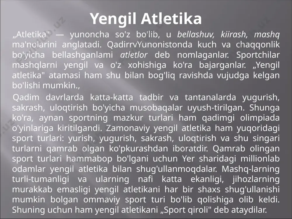 'sar va stadionlarda shiig'ulianish imkonini beradi. |bu sport turi bilan issiq paytlarda yengil kiyim kiyib shug'ulianiladi. sovuq paytlarda sport kiyimining qalinrog'i kiyiladi. oyoqqa keta, krassovka, shippaklar kiyiladi, sta-dionda yengil atietika bo'yicha yugurish yoki sakrash mu-sobaqalari o'tkazilganda, unda qatnashuvchilar tishli ship­paklar kiyib olishlari mumkin. u yaqin masofaga yugurishda ko'rsatkichlarni oshirishga (2 — 3 s ga); uzunlikka sakrashda esa (20 — 30 sm) uzoqroqqa sakrashga yordam beradi yengil atietika bilan shug'ullanish chog'ida qator qoidalarga rioya qilish zarur bo'ladi, bu kutilgan yaxshi natijalarga erishishga olib keladi. qoidaga ko'ra, avval 3 — 5 daqiqa asta yuguriladi, 6 — 8 marta umumiy mashqlar bajariladi, 30 — 50 m ga tezlik bilan 2 — 3 qayta yuguriladi. bu harakatni aniq bajarish ko'nikmasini hosil qilishga yordam beradi. endigi navbatda mashg'ulot o'tkazishga tayyorgarlik ko'riladi. buning uchun mashg'ulot o'tkaziladigan joy yaxshilab tayyorlanadi, uzunlikka sakrash chuqurchasi yumshatiladi, yugurish yo'lagi ortiqcha narsalardan toza-lanadi, uloqtirish uchun xavfsiz joy tanlanadi. uloqtirish bilan mustaqil …