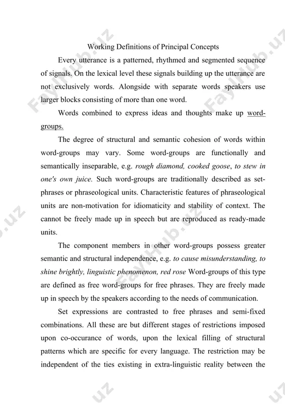 ords, upon the lexical filling of structural patterns which are specific for every language. the restriction may be independent of the ties existing in extra-linguistic reality between the object spoken of and be conditioned by purely linguistic factors, or have extralinguistic causes in the history of the people. in free word-combination the linguistic factors are chiefly connected with grammatical properties of words. free word-groups of syntactically connected notional words within a sentence, which by itself is not a sentence. this definition is recognised more or less universally in this country and abroad. though other linguistics define the term word-group differently - as any group of words connected semantically and grammatically which does not make up a sentence by itself. from this point of view words-components of a word-group may belong to any part of speech, therefor such groups as m the morning, the window, and bill are also considered to …