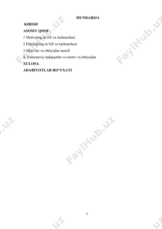 o‘rganish insonlarning ruhiy holatini yaxshilash va o‘ziga bo‘lgan ishonchni oshirishda muhim ahamiyatga ega. shuning uchun motiv va ehtiyojlarni o‘rganish, nafaqat ilmiy sohada, balki amaliy jihatdan ham katta dolzarblikka ega. kurs ishining maqsadi : ushbu kurs ishining asosiy maqsadi – motiv va ehtiyojlar tushunchalarini o‘rganish, ularning psixologik tavsifi, shakllanishi va tasnifini tahlil qilish, shuningdek, motiv va ehtiyojlarning inson xulq-atvoriga ta'sirini aniqlashdir. kurs ishi orqali, motiv va ehtiyojlar o‘rtasidagi o‘zaro aloqalarni, ularning rivojlanishdagi rolini va shaxsiyatning shakllanishidagi ahamiyatini o‘rganish hamda bu tushunchalarni turli sohalarda amaliy qo‘llanilishini tahlil qilishdir. kurs ishida shuningdek, motiv va ehtiyojlarning ijtimoiy, pedagogik, psixologik va iqtisodiy kontekstlarda qanday ishlashini va ularning amaliy ahamiyatini ko‘rsatish maqsad qilingan. bu orqali, motiv va ehtiyojlarning insonlarning qaror qabul qilish jarayonlari va xulq-atvoriga qanday ta'sir ko‘rsatishi haqida chuqur tushuncha hosil qilish. kurs ishining vazifalari: ushbu kurs ishining asosiy vazifalari motiv va ehtiyojlarning psixologik va amaliy jihatlarini chuqur o‘rganishdan iboratdir. avvalo, motiv va ehtiyojlar tushunchalarining …