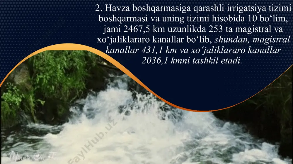 sug‘orish uchun foydalaniladi. suv omboridagi suv bilan viloyatimizning kitob tumani, shaxrisabz tumani, yakkabog tumani xo‘jaliklari ekin maydonlarni sug‘oradi.foydalanishga topshirilgan yili 1987 yil, sug‘orishga bog‘langan maydon 46,8 ming.ga, loyihadagi hajmi 170,0 mln.m3, foydali suv hajmi 138,4 mln.m3, loyqa bosgan hajmi 31,6 mln.m3 © copyright showeet.com © copyright showeet.com – creative & free powerpoint and google slides templates 13 5.“qamashi” suv ombori – qamashi tumani fargona xo‘jalik territoriyasida bulib, tuman markazidan 4 km uzoklikka joylashgan.sandal koramurcha kanallari orkali suv bilan tuldirib sug‘orish uchun foydalaniladi. foydalanishga topshirilgan yili 1987 yil, sug‘orishga bog‘langan maydon 1600 ga. umumiy suv yig‘ish hajmi 25 mln.m3, foydali suv suv yig‘ish hajmi 24 mln.m3, loyka bosgan xajmi 1,2 mln.m3, parlanadigan yuzasi 3,0 km2 © copyright showeet.com © copyright showeet.com – creative & free powerpoint and google slides templates 14 6.“dehqonobod” suv ombori – dehqonobod tumani karashina kishlogida bulib,tuman markazidan 0,5 km uzoklikda joylashgan . kichik ura daryosi uzanidan kurilgan, …