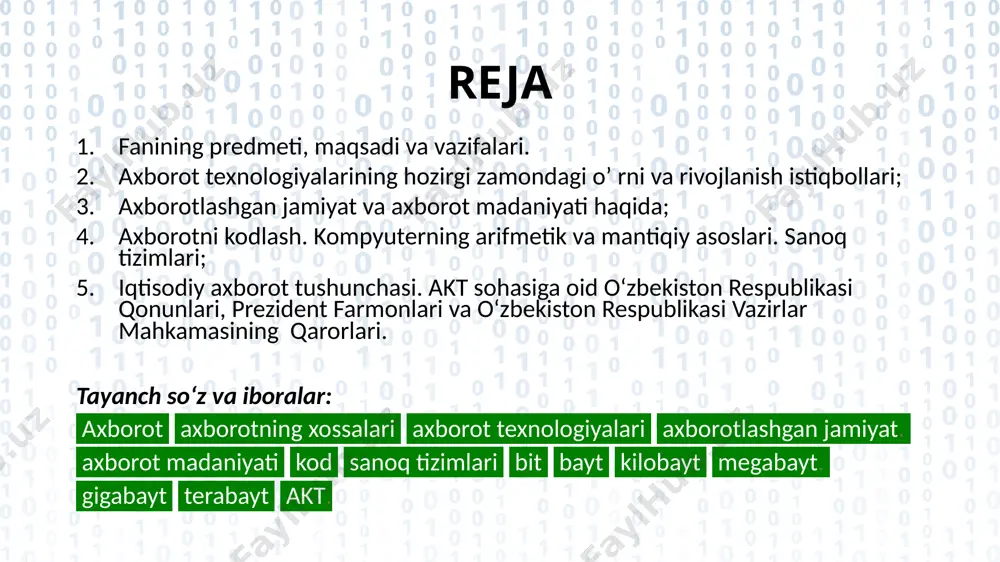 ervis ko‘rsatish, qishloq xo‘jaligida innovatsion texnika va texnologiyalarni qo‘llash, suv xo‘jaligi va melioratsiyalashni mexanizatsiyalashtirish, mehnat muxofazasi va texnika xavfsizligi masalalarini yechishda axborot texnologiyalari va matematik modellashtirish usullarini samarali qo‘llash usullarini o‘rgatish vazifalarini bajaradi. asosiy tushunchalar ma’lumot – bu har qanday belgi, ishora, hodisa yoki signallardir. axborot – biror ob’ekt, voqea, yoki hodisalarning parametrlari, xususiyatlari va holati haqidagi tushunish va qabul qilish mumkin bo’lgan ma’lumotlar bo’lib, muayyan bilim haqidagi ma’lumotlar to’plamini ifodalaydigan umumiy tushunchalaridir. axborot texnologiyalari – axborot larni kiritish, qayta ishlash, saqlash va uzatish jarayonlarida ishtirok etadigan barcha texnik, hamda dasturiy vositalardir. axborotning asosiy xossalari to’liqlik yaroqlilik ishonchlilik dolzarblik tushunarlilik axborot to’liqlik yaroqlilik ishonchlilik dolzarblik tushanarlilik axborot o’lchov birliklari 1 bayt = 8 bit 1 kbit = 1024 bit. 1 mbit =1024 kbit 1 gbit = 1024 mbit 1 kbayt = 1024 bayt 1 mbayt = 1024 kbayt 1 gbayt = 1024 mbayt 1 tbayt = 1024 gbayt 100101011101110101001010 bit …
