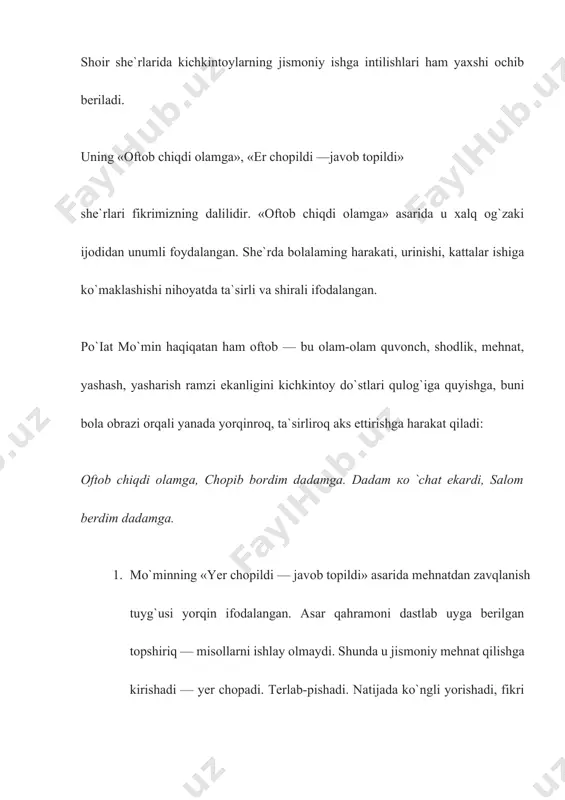 chanoqvoy», «suqatoy-konfetvoy», «ona bolam deydi, bola onam deydi» nomli fantastik ertak-pesalari uzoq vaqtlardan beri bolalarning quvonchiga quvonch qo`shib kelayotir. qovoqvoyning dangasaligi, lapashangligi, erkaligi, tantiqligini o`tkir kulgi ostiga oluvchi va chanoqvoyning bilimdonligi, donoligi va mehribon do`stligini ulug`lovchi «qovoqvoy bilan chanoqvoy» bolalami yaxshilikka da`vat etadi. bu asardagi yaxshi fazilatlar dramaturgning boshqa bir ertak-pesasi «suqatoykonfetvoy»da ham ko`ringan. tematikasi va g`oyaviy yo`nalishi, uslubi jihatidan bu ikki asar bir-biriga yaqin. unda ham ilm, odob, halouik va mehnatsevarlik ulug`lanadi. voqea bilim xola, janjal xola, qurt o`rtasidagi kurash asosida rivojlanadi. po`lat mo`minning butun e`tibori, ijodining mohiyati bolalarga hayot yo`iini ko`rsatib berishga intilishdan iborat. shu pesadagi aqljon bilan odobjon aytganidek: bugina enias, bolalar po`lat mo`minning o`nlab topishmoqlarini ham sevib o`qib, o`rganadilar va zehnlarmi charhlaydilar. muallifning «qovoqvoy bilan chanoqvoy» asarinng ta`iim-tarbiyaviy ahamiyati juda katta. undagi ertaklarga xos shartli, allegorik obrazlar tomomila aniq va hayotiy zaminga asoslanlgan. pesaning bosh qahramonlaridan biri qovoqvoydir. uning timsolida тиажdangasalik va beg`amlik oqibatida darslarni o`zlashtira …