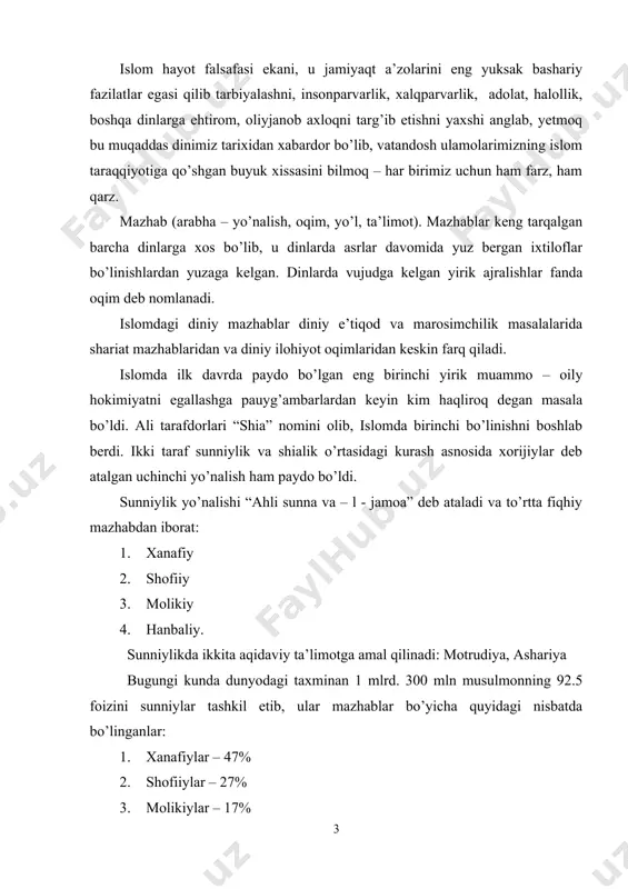 nyoda musulmonlarning 7.5 foizini tashkil qiladi. xanafiy mazhabi. xanafiya islomdagi eng ko’p tarqalgan mazhab. uning asoschisi abu xanifa 669 – 767 yillarda yashagan. imom abu xanifa butun umri mobaynida 55 marta haj qilganligi ma’lum. olim sifatidagi bilimlarini savdo ishlarida kundalik hayotida amaliy jihatdan tadbiq etish imkoniyatiga ega bo’lib, qonun-qoidalarni “qiyos” va “istihson”ni ishlatish orqali boyitadi. qiyosni shakllantirishda “ra’y” (fikr)ga tayanish tufayli uning maktabi “ahl – ur – ra’y ” nomini oladi. hadislarga tayanganlarni “ahl ul-hadis” deydilar. biroq abu xanifa maktabi an’anani yaxshi bilgan va tan olgan. u: “bizning bu boradagi eng a’lo bilimimiz ra’ydir. bu – biz erisha olgan eng a’lo narsalardir”, degan. umumiy tarzda abu xanifaning huquqiy nazariyasi shaxs erkinligini hurmatlagan va shu bilan o’zga huquqshunoslardan farq qilgan. xanafiylik fatvolar chiqarish va shaxs masalalari yuzasidan hozir ham usmoniylar imperiyasining sobiq elatlari, jumladan, misr, suriya, livan, iroq, iordaniya, falastinda rasmiy mazhab. bolqon, kavkaz, afg’oniston, pokiston, hindiston, markaziy osiyo mamalakatlari va …