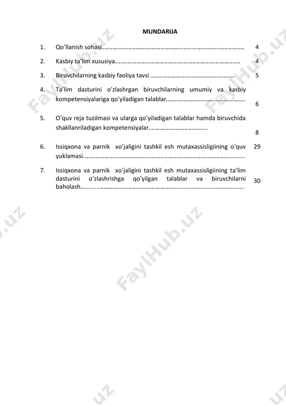 imumi: kuzatuvchanlik, diqqatni bir joy qaratish, fikrni jamlash, qo‘l-oyoq harakatini jarayonga moslashtirish, har tomonlama tez fikrlash va faraz qilish, yorug‘likni sezish, faol va tez xotirlash, harakat xotirasi va moslashuvchanlik. 2.3. ta’limni davom ettirish imkoniyatlari. issiqxona va parnik xo‘jaligini tashkil etish mutaxassisligi bitiruvchisi keyinchalik kasbiy ta’limini chuqurlashtirish maqsadida: kadrlar malakasini oshirish tizimida, tarmoq o‘quv muassasalarida va maxsus kurslarida malakani oshirishi; kasbiy faoliyatning tegishli sohasida yanada yuqoriroq malakaga erish maqsadida oliy ta’lim muassasasida o‘qishni davom ettirishi mumkin. 2.4. o‘qishga qabul shartlari. o‘qishga qabul shartlari amaldagi qonunchilik asosida amalga oshiriladi. 3. bitiruvchilarning kasbiy faoliyati tavsifi 3.1. bitiruvchining kasbiy faoliyat sohasi: issiqxona va parniklarda qurilish, inventar va foydali maydoni, mikroiqlim sharoitlari, issiqlik sug‘orish va oziqlantirish man’balari, shamolatish va ekinlarni chiniqtirish, o‘simliklar uchun foydali gazlar ta’minoti, isitish qozonxonalari va ularga xizmat ko‘rsatish, sug‘orish ukunalarini ta’mirlash va ularni sozlash, o‘simliklarni simbag‘azda o‘stirish, shakl berish va chilpish, sabzavotlarni tishtirishda zararkunandalarga qarshi kurashish, sabzavotlar yetishtirishda mikroiqlim monitoringni o‘tkazish. …
