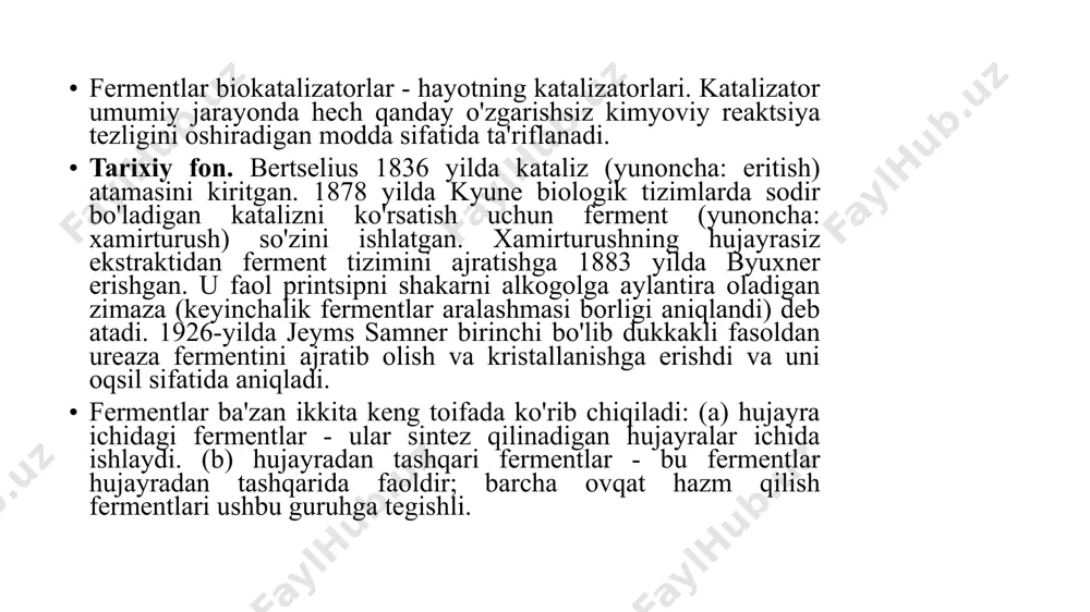 pesifikligi steroximiyaviy spesifiklik nisbiy spesifiklik gurux spesifiklik mutloq spesifiklik 2. fermenlar kinetikasi kanstanta mexaelis ph, temperatura, aktivatorlar va ingibitorlar (qaytar va qaytmas. qaytar: raqobatli, raqobatsiz, raqobat bo’lmagan, substrat, allosterik ingibitorlar) 3. fermant faol markazi qulf va kalit modeli (fisherning) induktsiyalangan moslik modeli (koshland) 4. fermentlar klassifikatsiyasi 5. fermentlarni tozalash usullari направление используемые ферменты применение биотопливная промышленность целлюлазы расщепление целлюлозы на сахара, которые могут быть ферментированы для получения целлюлозного этанола. лигниназы предварительная обработка биомассы для производства биотоплива[33]. биологическое моющее средство протеазы, амилазы, липазы удаление белковых, крахмальных, жирных или масляных пятен с белья и посуды[34]. маннаназы удаление пищевых разводов с гуаровой камеди. пивоваренная промышленность амилаза, глюканазы, протеазы расщепление полисахаридов и белков в солоде[35]. бетаглюканазы улучшение фильтрационных характеристик сусла и пива[35]. амилоглюкозидаза и пуллуланазы производство низкокалорийного пива и регуляция ферментируемости[35]. ацетолактатдекарбоксилаза (aldc) повышение эффективности ферментации за счёт снижения диацетила[36]. молочная промышленность реннин гидролиз белка в производстве сыров. липазы производство сыра камамбер и голубых …