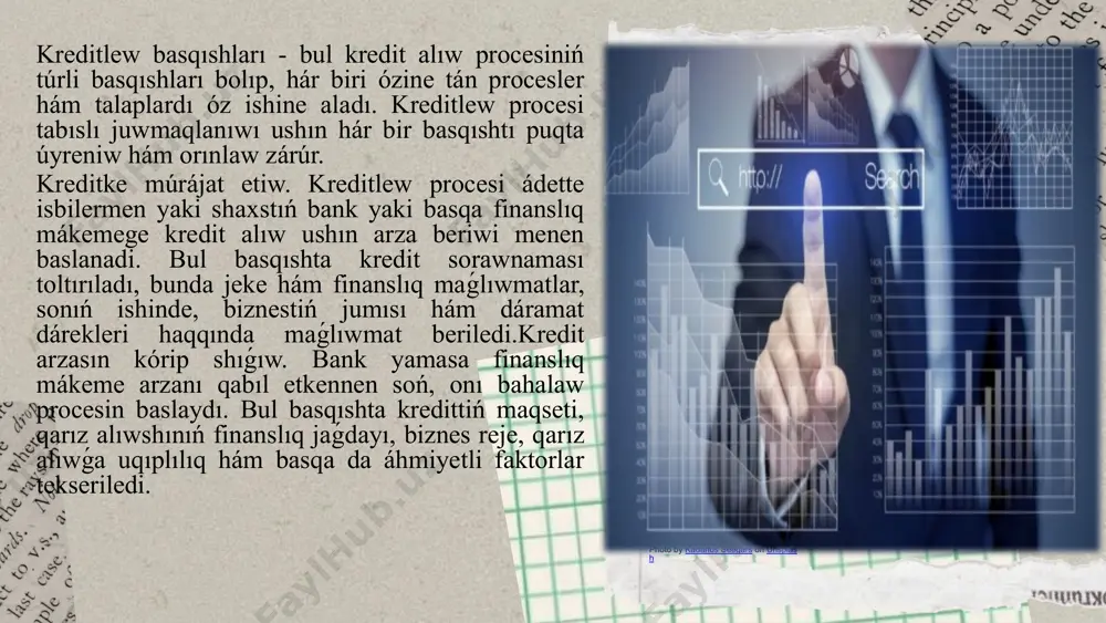 ı shaxs yaki shólkem óziniń házirgi mútájliklerin qanaatlandırıw ushın kerekli qarjını aladı, keyin bolsa bul qarjını belgilengen múddet ishinde qaytaradı. kreditlew haqqında ayırım áhmiyetli tárepleri: 1. kredit túrleri. kreditler birneshe túrge bólinedi, olardan ayırımları: perspektivalı (ipoteka) kreditleri: turaq jay satıp aliw yaki quriw ushin beriletuģın kredit. avtokreditler: avtomobil satıp alıw ushın beriletuǵın kredit. personal (jeke) kreditler: jeke mútájlikler ushın, máselen, medicinalıq qárejetler yamasa bilim alıw ushın beriletuǵın kredit. biznes kreditleri: isbilermenler yamasa kompaniyalar ushın biznesti rawajlandırıw, úskeneler satıp alıw yamasa kapital mútájliklerin qaplaw maqsetinde beriletuǵın kredit. tutınıwshı kreditleri: jeke tutınıw ushın, máselen, mebel yamasa elektronika satıp alıw ushın beriletuǵın kreditler. kredittiń tiykarǵı shártleri kredit alıwda tómendegi tiykarǵı shártler bar: kredit summası: klientke beriletuǵın uluwma qarjı muǵdarı. procent stavkasi: kredit ushin tólenetuģin procentler, yaǵnıy kredittiń bahası. procent stavkası bank tárepinen belgilenetuǵın bolıwı múmkin hám ol túrli faktorlarǵa baylanıslı (procent stavkası túrine qarap - ózgeriwsheń yamasa belgilengen). múddet: kreditti tólew ushın belgilengen …