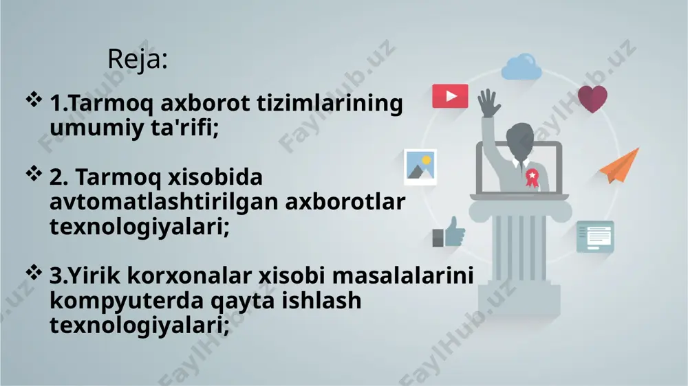 rsatuvchisi) – bu tarmoqlarni bir birovi bilan birlashtiradigan qurilma tarmoq kabellari. ekranlangan (shielded pair, str) va ekranlanmagan (unshilded pair, utr) larga bo‘lingan to‘qilgan (o‘ralgan) juft simlar asosidagi kabellar;  koaksial (coaxial cable);  optiktolali (fiber optic); 3 ta katta guruhga bo‘linadi: image1.jpg image2.png image3.png image4.jpg image5.jpg image6.png image7.png image8.png image9.png image10.png image11.png /docprops/thumbnail.jpeg