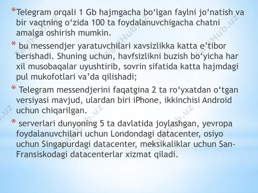 shunday qilib biz 2021-yilni reaksiyalar, yashirin matn, tarjimon va qr-kodlar bilan tugatdik. bugungi kunda telegram imkoniyatlari ayrim boshqa messenjerlarning imkoniyatlaridan jiddiy ustunlikka ega. bundan tashqari, u kompaniyaning reklama va pr maqsadlari uchun eng qulay, xavfsiz va samaralidir, unda hali unchalik mashhur bo‘lmagan juda ko‘p opsiyalar mavjud. dasturchilar va at mutaxassislari ushbu opsiyalardan faol foydalanmoqdalar. bu yerda gap qurilmalar va xizmatlarni o‘zaro integratsiyalash sohasidagi yechimlar haqida bormoqda. bu, birinchi navbatda, botlardan foydalanish va ularni ochiq api’da qo‘llash imkoniyatlaridir. telegram botlari aniq bir foydalanuvchi va guruhli chatlari bilan o‘zaro birgalikda harakatlanadigan, xabarlarni qabul qiladigan va jo‘nata oluvchi dasturiy yo‘llar bilan boshqariladigan akkauntlarni o‘zida ifoda etadi. ular barcha buyruqni berish mumkin bo‘lgan ochiq api yordamida boshqariladi. e’tiboringiz uchun rahmat! image1.png image2.png image3.png image4.png image5.png image6.png image7.png image8.png image9.png image10.png image11.png /docprops/thumbnail.jpeg