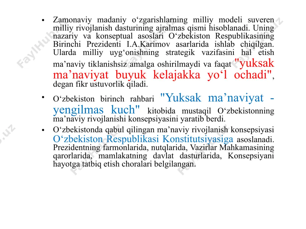 997 yilda buxoro va xiva shaharlarining 2500 yilligi, 1999 yilda buyuk vatanparvar siymo jaloliddin manguberdi tavalludining 800 yilligi nishonlandi. 2002 yilda termiz shahrining 2500 yilligi nishonlandi. vatanimiz ozodligi yo’lida shahid ketgan abdulla qodiriy, cho’lpon, fitrat, usmon nosir va boshqa xalq ziyolilari nomi, hurmati o’z joyiga qo’yildi, asarlari nashr etildi. prezident islom karimov tashabbusi bilan toshkentda mustamlakachilik davri qurbonlari xotirasini abadiylashtirish maqsadida «shahidlar xotirasi» yodgorlik majmui bunyod etildi. mazkur majmua qoshida «qatag’on qurbonlari xotirasi» muzeyi qurilib, 2002 yil 27 avgust kuni foydalanishga topshirildi. bu yodgorlik majmualari jamiyat ma’naviyatini yuksaltirishga, milliy ong va milliy g’ururni ko’tarishga hamda xalqimiz, ayniqsa, yoshlar ongida milliy istiqlol g’oyalarini shakllantirishga xizmat qilmoqda. 12 diniy qadriyatlarning tiklanishi. qadim zamonlardayoq yurtimizda din erkinligi mavjud bo’lgan. zardushtiylar, buddiylar, moniylar, musulmonlar va boshqa diniy e’tiqoddagilar inoqlikda yashagan, tenglik, erkinlik g’oyalariga amal qilingan. xalqimiz ma’naviy jihatdan ko’pgina afzalliklarga ega bo’lgan islom dinini qadrlaydi. abu abdulloh muhammad ibn ismoil al-buxoriy islom dini ta’limotida …